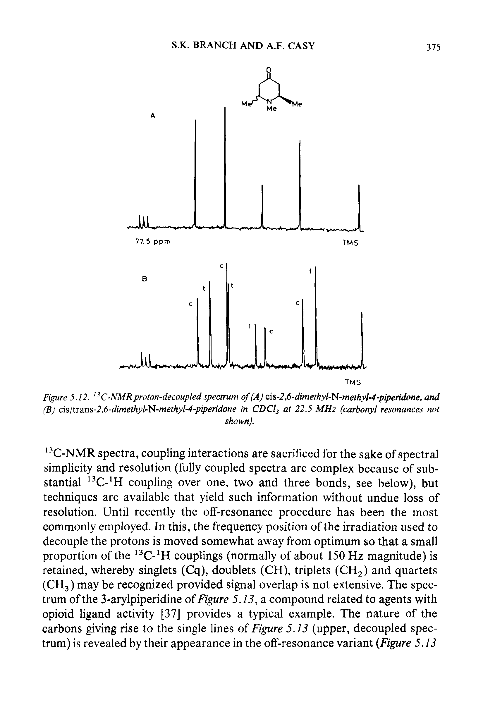 Figure 5.12. C-NMR proton-decoupled spectrum of (A) c %-2,6-dimethyl- A-methyl-4-piperidone, and (B) c s/trans-2,6-dimethyl-Tti-methyl-4-piperidone in CDClj at 22.5 MHz (carbonyl resonances not...