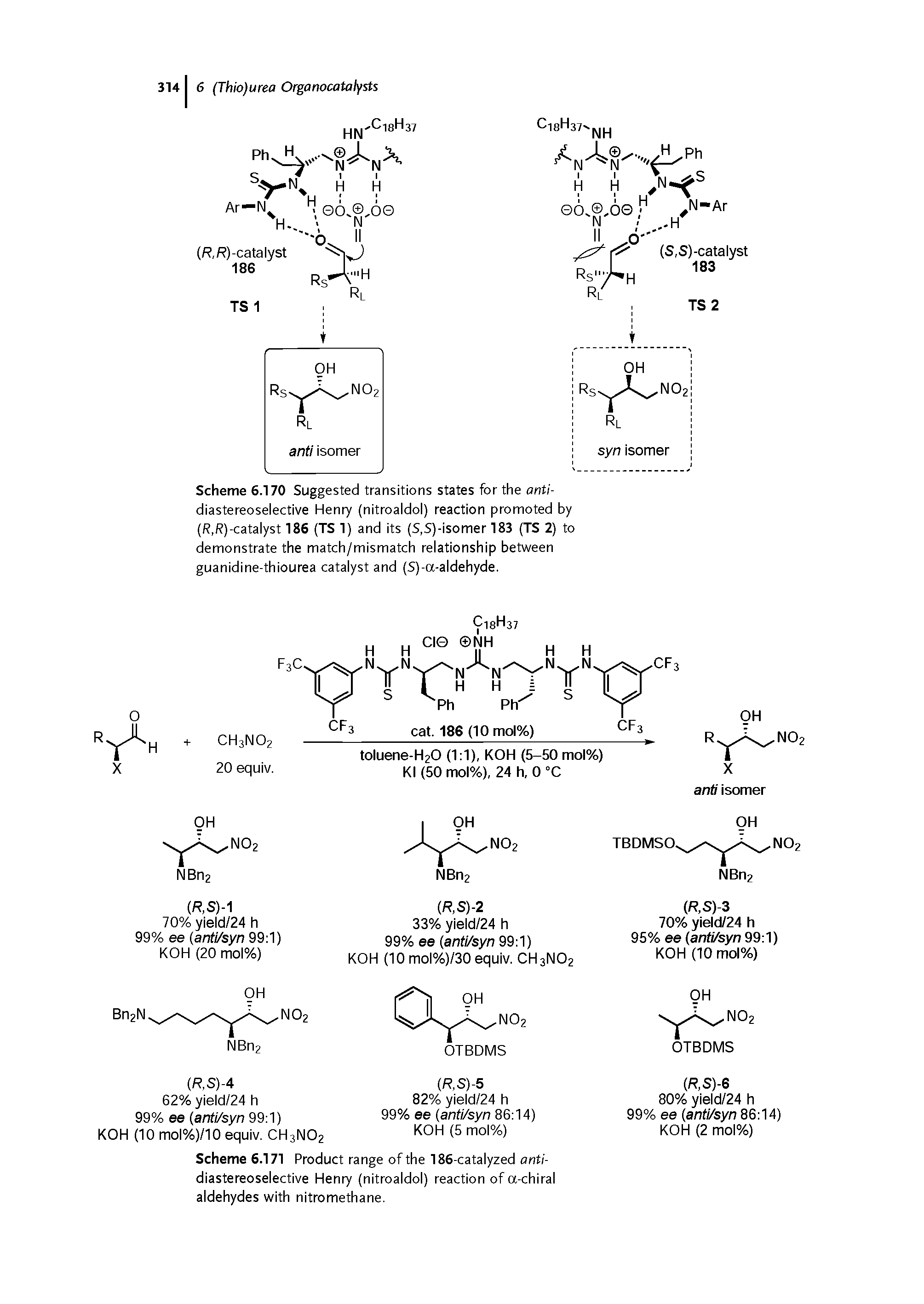 Scheme 6.170 Suggested transitions states for the anti-diastereoselective Henry (nitroaldol) reaction promoted by (R,R)-catalyst 186 (TS 1) and its (S,S)-isomer 183 (TS 2) to demonstrate the match/mismatch relationship between guanidine-thiourea catalyst and (S)-a-aldehyde.