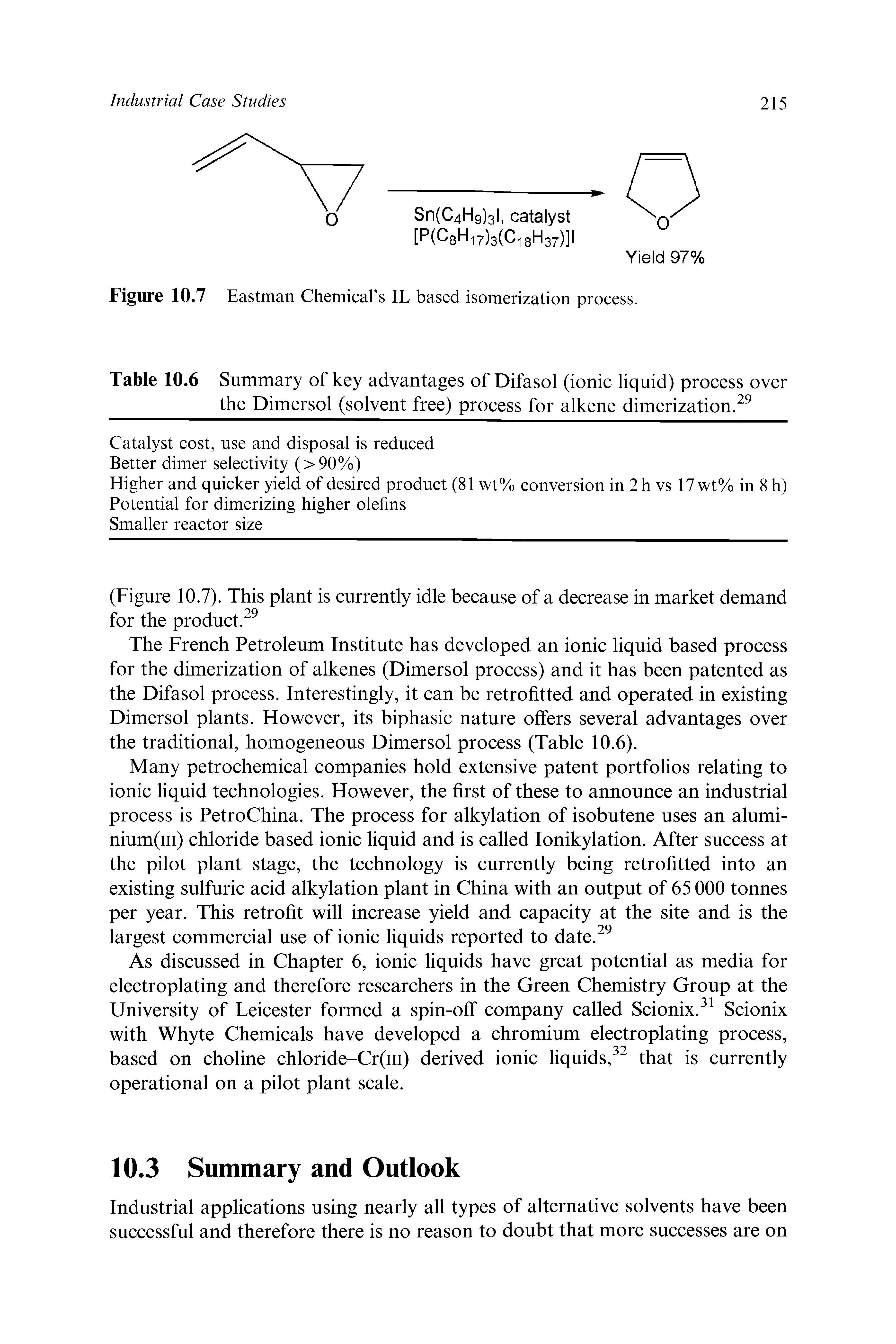 Table 10.6 Summary of key advantages of Difasol (ionic liquid) process over the Dimersol (solvent free) process for alkene dimerization. ...