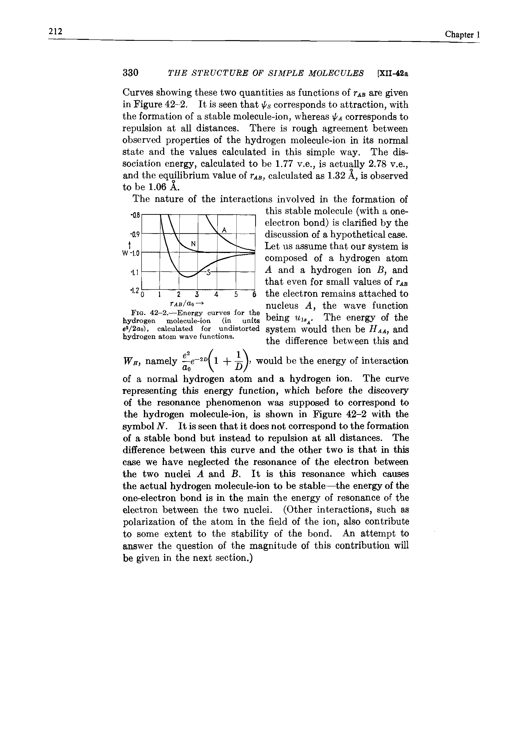 Fig. 42—2.—Energy curves for the hydrogen molecule-ion (in units e2/2ao), calculated for undistorted hydrogen atom wave functions.