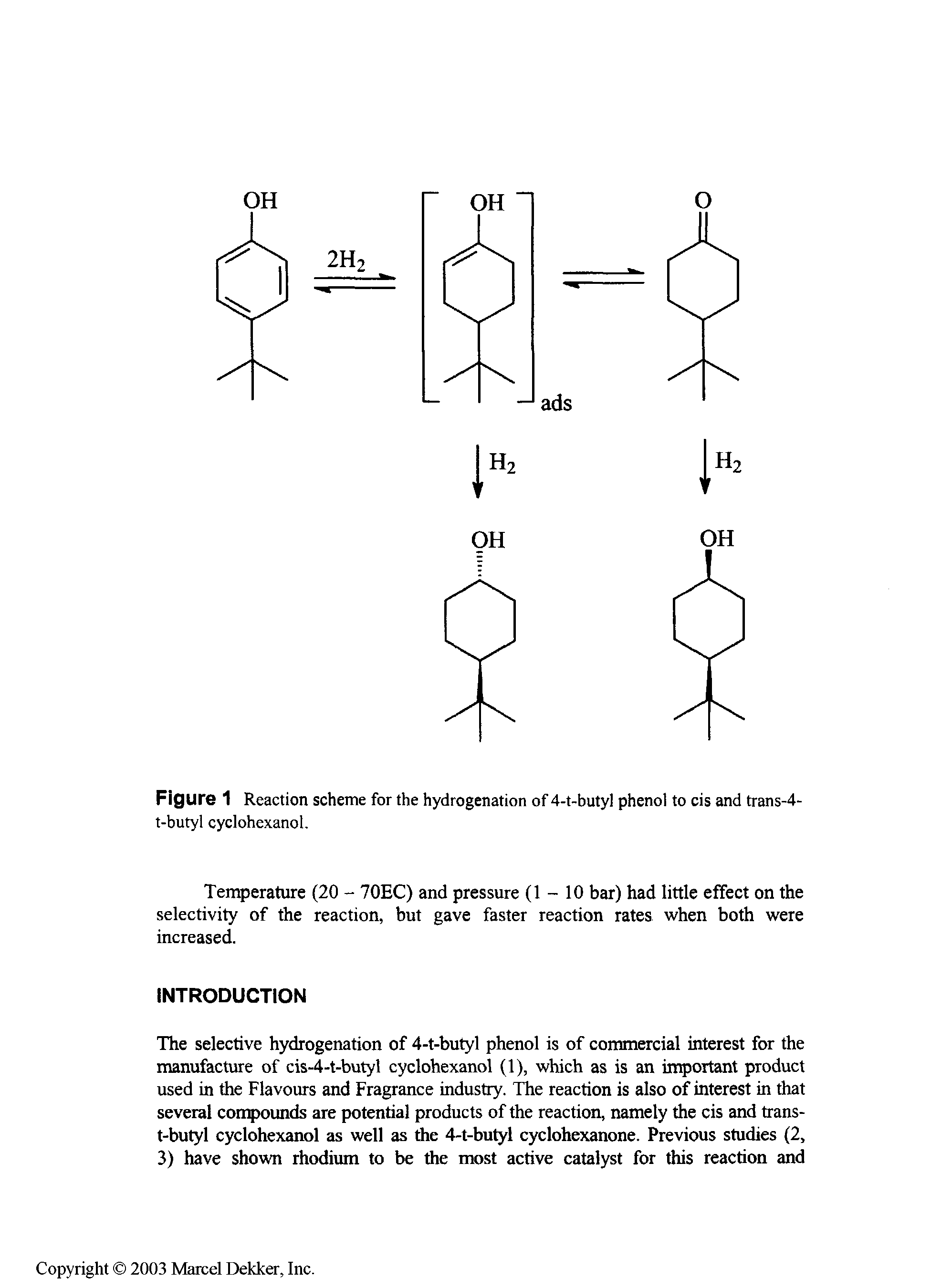 Figure 1 Reaction scheme for the hydrogenation of 4-t-butyl phenol to cis and trans-4-t-butyl cyclohexanol.