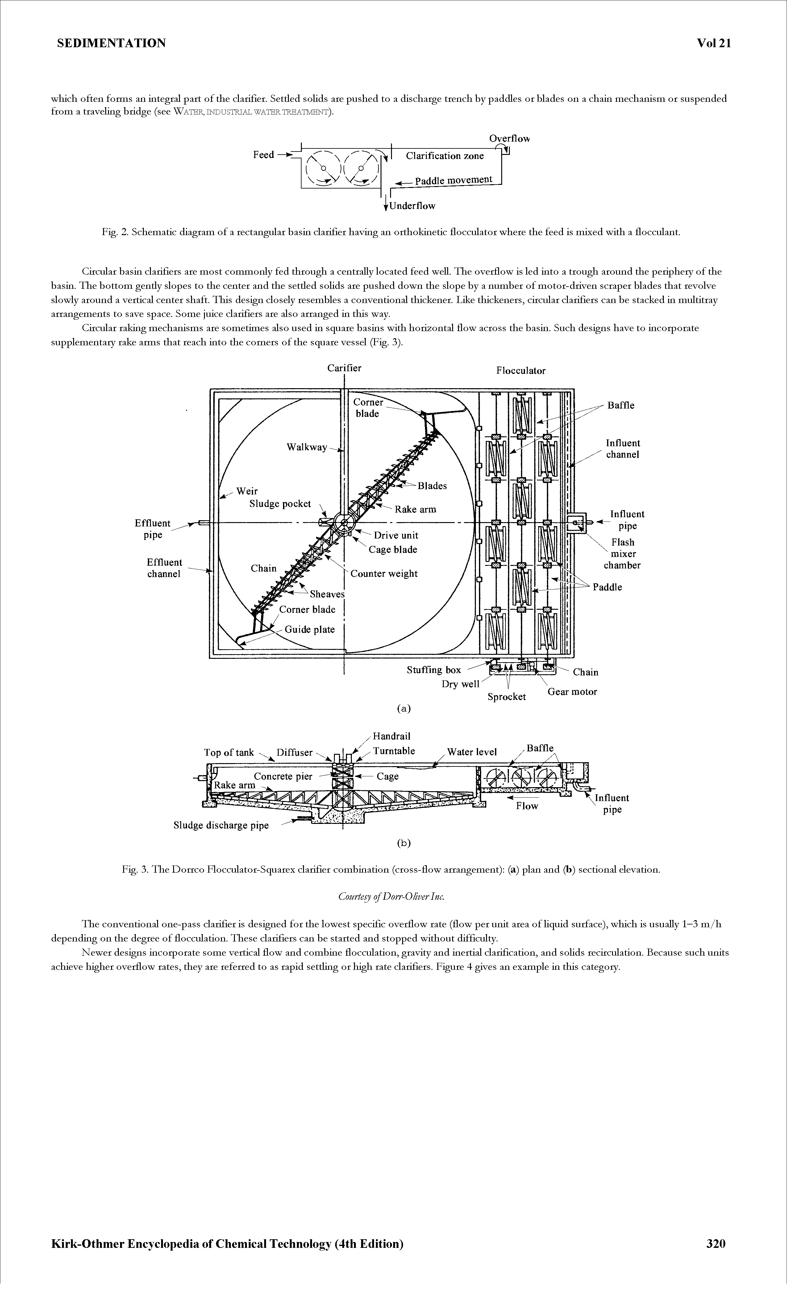 Fig. 3. The Dorrco Flocculator-Squarex clarifier combination (cross-flow arrangement) (a) plan and (b) sectional elevation.