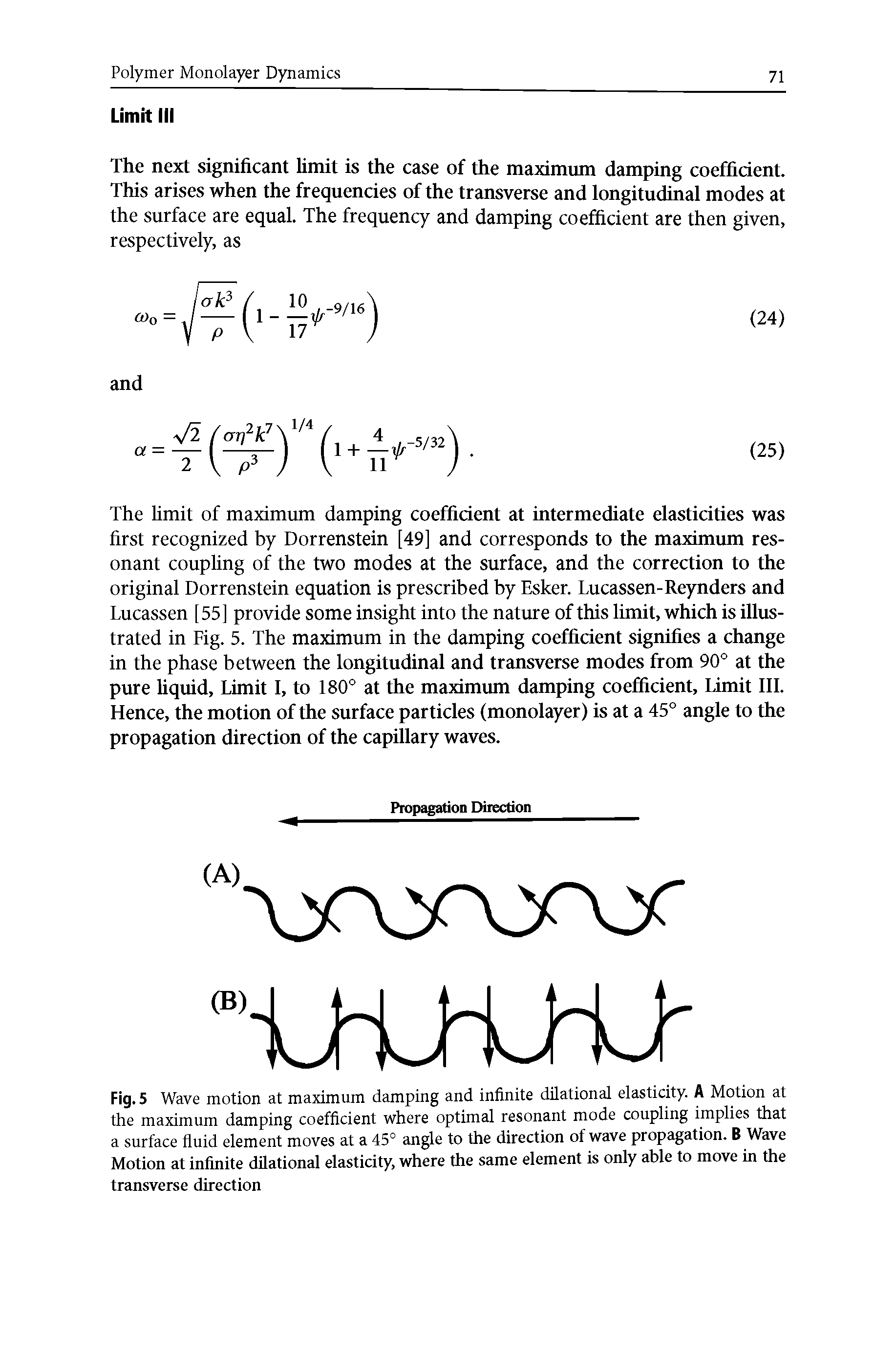 Fig. 5 Wave motion at maximum damping and infinite dilational elasticity. A Motion at the maximum damping coefficient where optimal resonant mode coupling implies that a surface fluid element moves at a 45° angle to the direction of wave propagation. B Wave Motion at infinite dilational elasticity, where the same element is only able to move in the transverse direction...