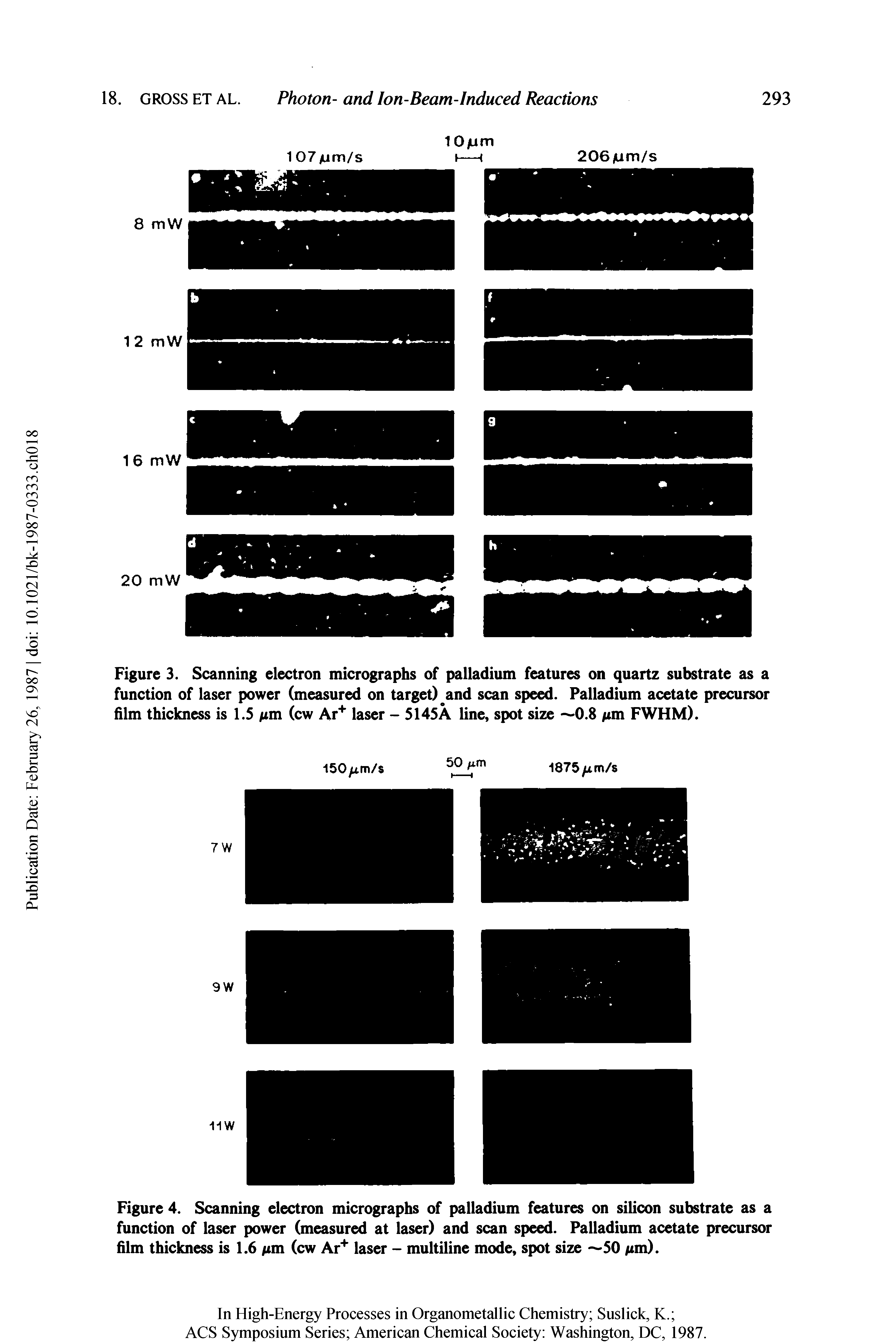 Figure 4. Scanning electron micrographs of palladium features on silicon substrate as a function of laser power (measured at laser) and scan speed. Palladium acetate precursor film thickness is 1.6 pm (cw Ar+ laser - multiline mode, spot size —50 /mi).