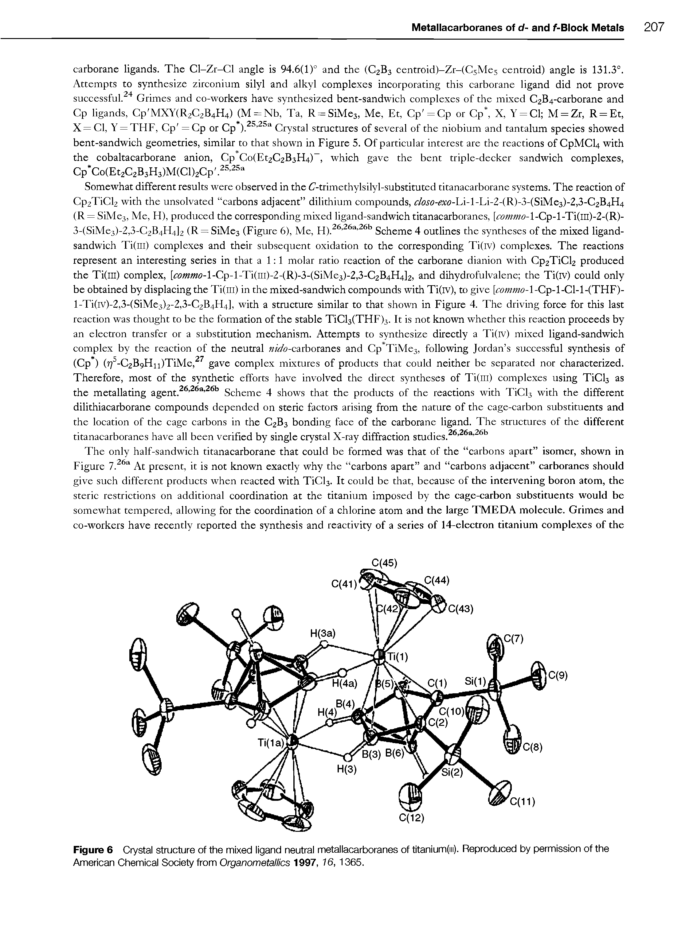 Figure 6 Crystal structure of the mixed ligand neutral metallacarboranes of titanium(iii). Reproduced by permission of the American Chemical Society from Organometallics 1997, 16, 1365.