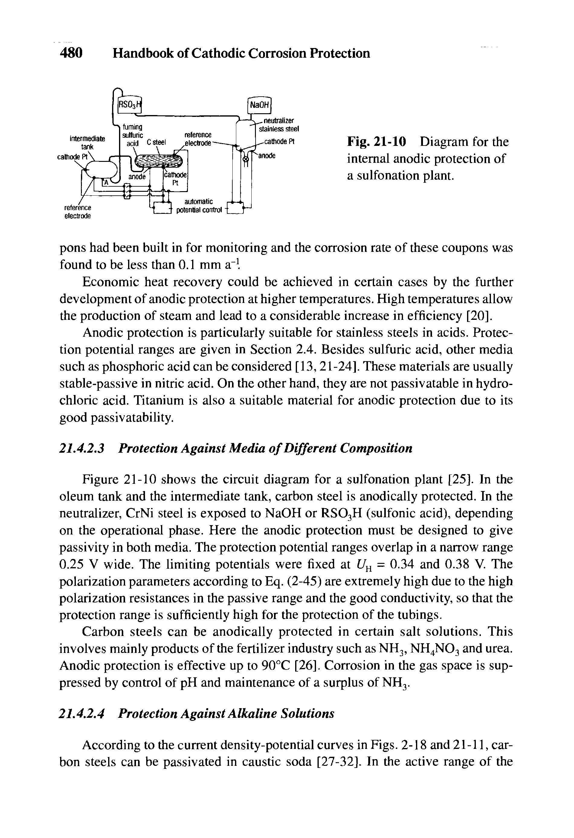 Fig. 21-10 Diagram for the internal anodic protection of a sulfonation plant.