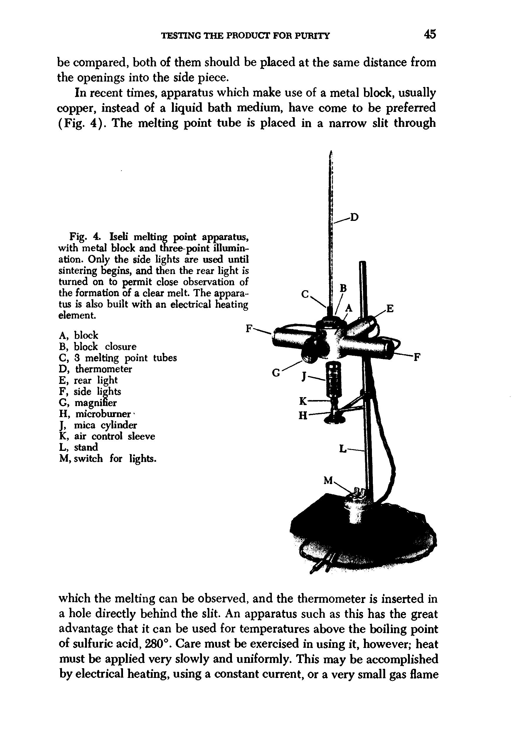 Fig. 4. Iseli melting point apparatus, with metal block and uree-point illumination. Only the side lights are used until sintering begins, and then the rear light is turned on to permit close observation of the formation of a clear melt. The apparatus is also built with an electrical heating element.