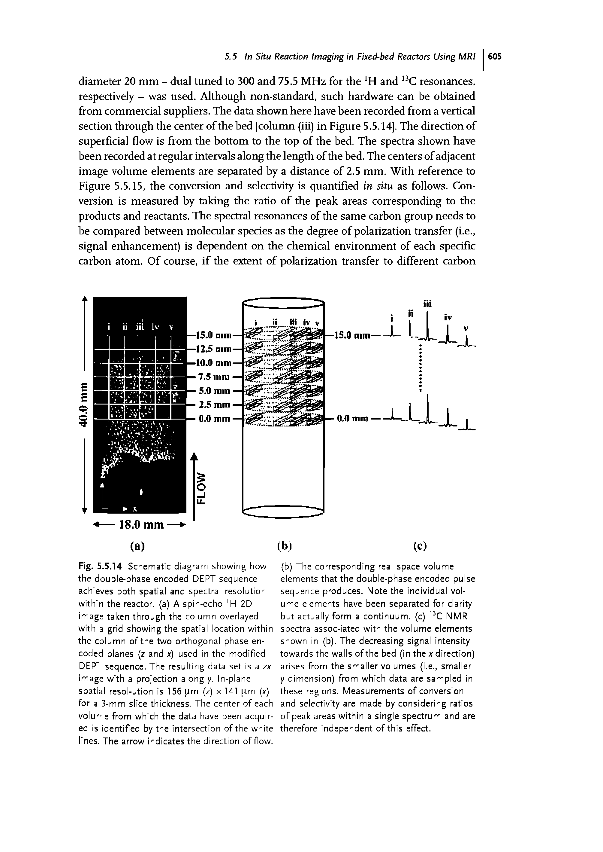 Fig. 5.5.14 Schematic diagram showing how the double-phase encoded DEPT sequence achieves both spatial and spectral resolution within the reactor, (a) A spin-echo ]H 2D image taken through the column overlayed with a grid showing the spatial location within the column of the two orthogonal phase encoded planes (z and x) used in the modified DEPT sequence. The resulting data set is a zx image with a projection along y. In-plane spatial resol-ution is 156 [Am (z) x 141 [xm (x) for a 3-mm slice thickness. The center of each volume from which the data have been acquired is identified by the intersection of the white lines. The arrow indicates the direction of flow.