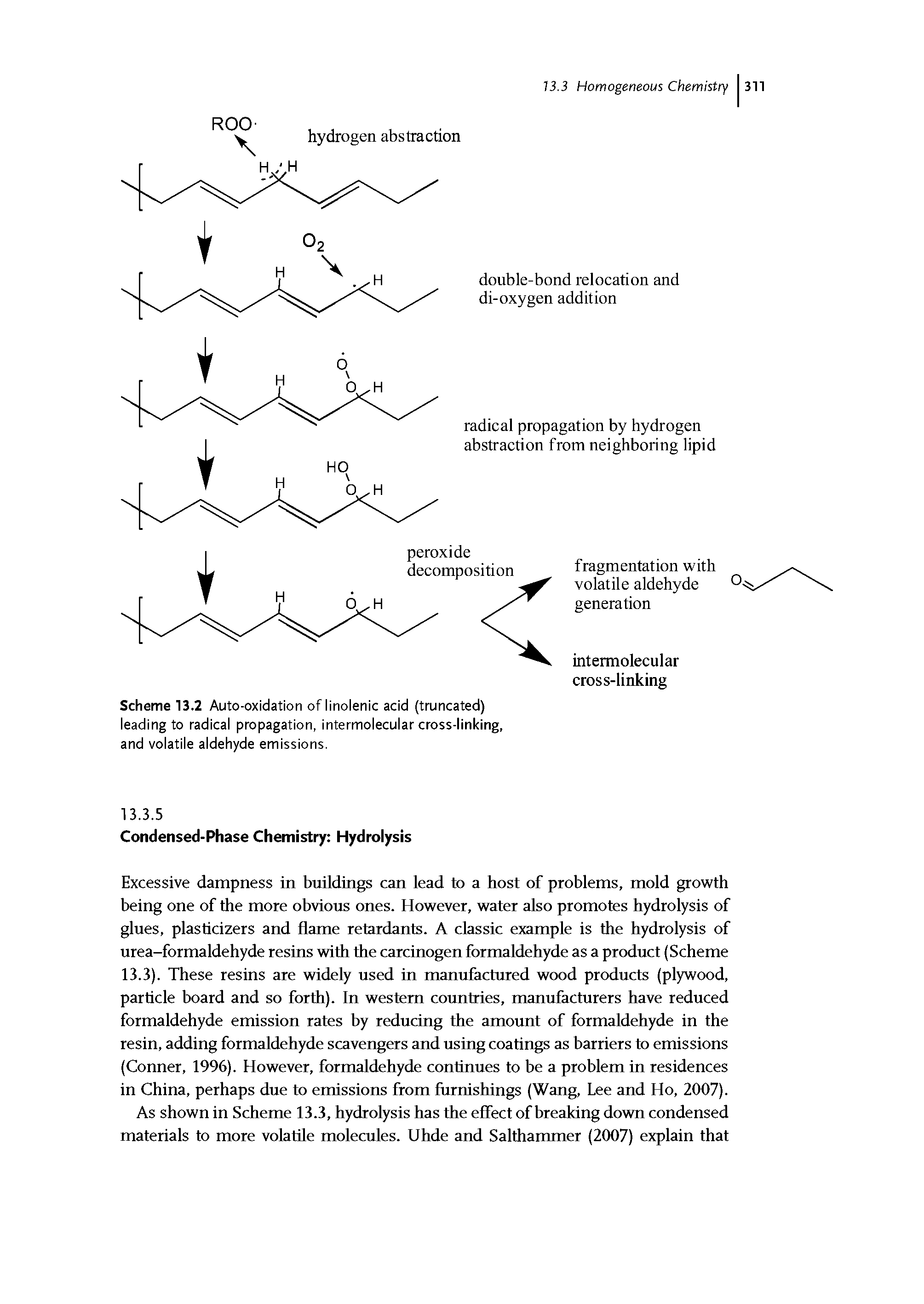 Scheme 13.2 Auto-oxidation of linolenic acid (truncated) leading to radical propagation, intermolecular cross-linking, and volatile aldehyde emissions.