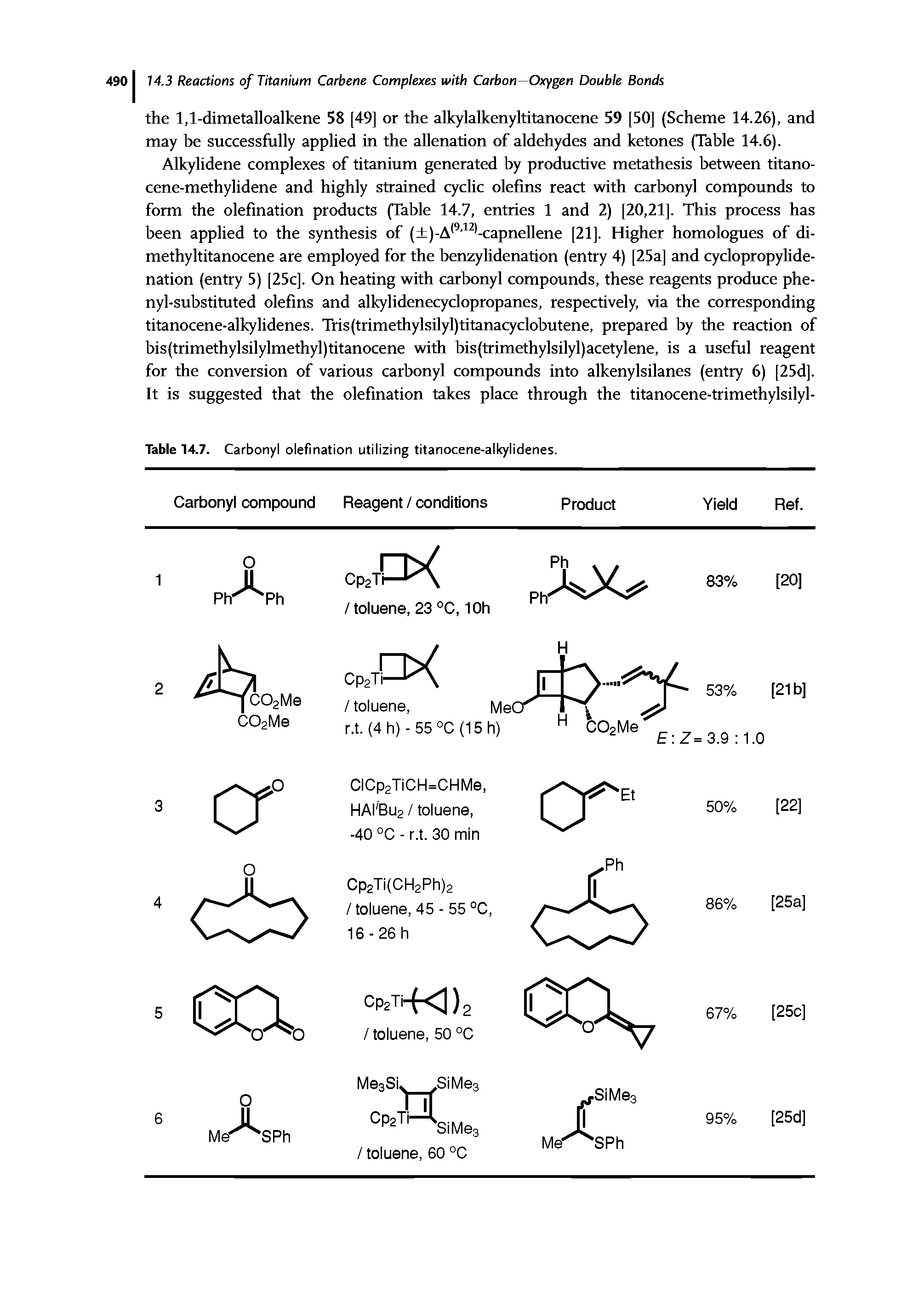 Table 14.7. Carbonyl olefination utilizing titanocene-alkylidenes.