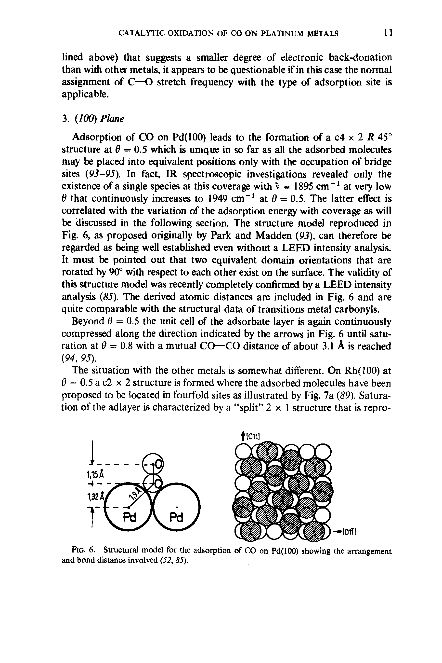 Fig. 6. Structural model for the adsorption of CO on Pd(I00) showing the arrangement and bond distance involved (52, 85).