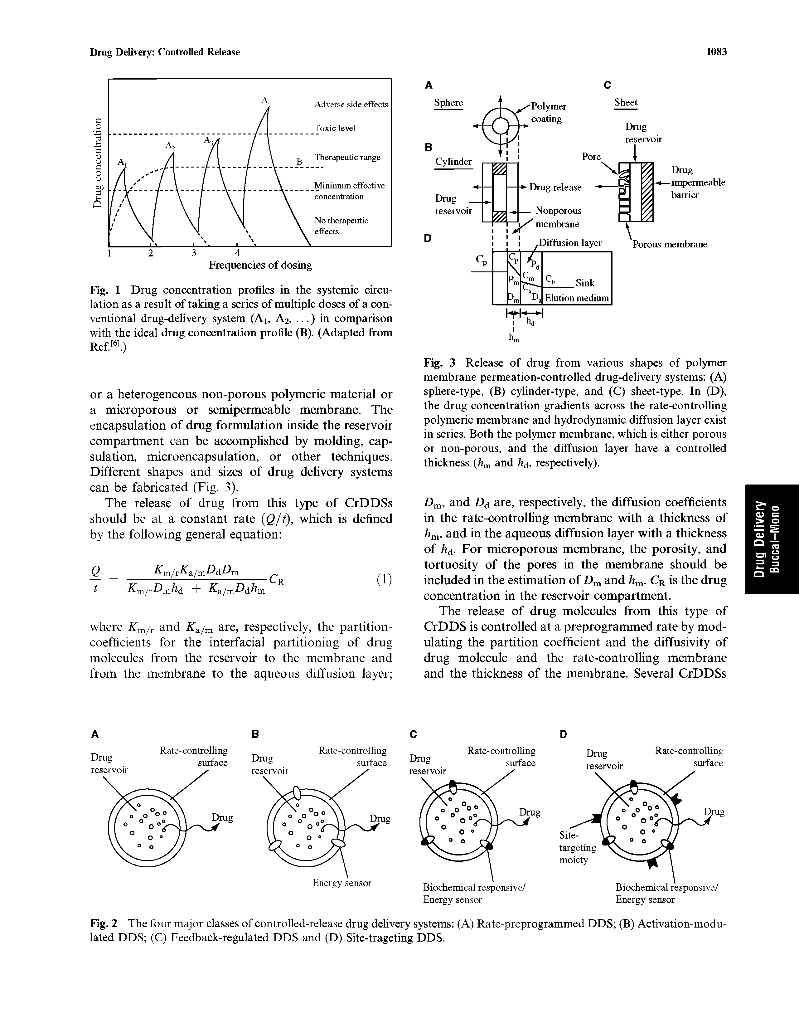 Fig. 3 Release of drug from various shapes of pol5mer membrane permeation-controlled drug-delivery systems (A) sphere-type, (B) cylinder-type, and (C) sheet-type. In (D), the drug concentration gradients across the rate-controlling polymeric membrane and hydrodynamic diffusion layer exist in series. Both the polymer membrane, which is either porous or non-porous, and the diffusion layer have a controlled thickness and h, respectively).