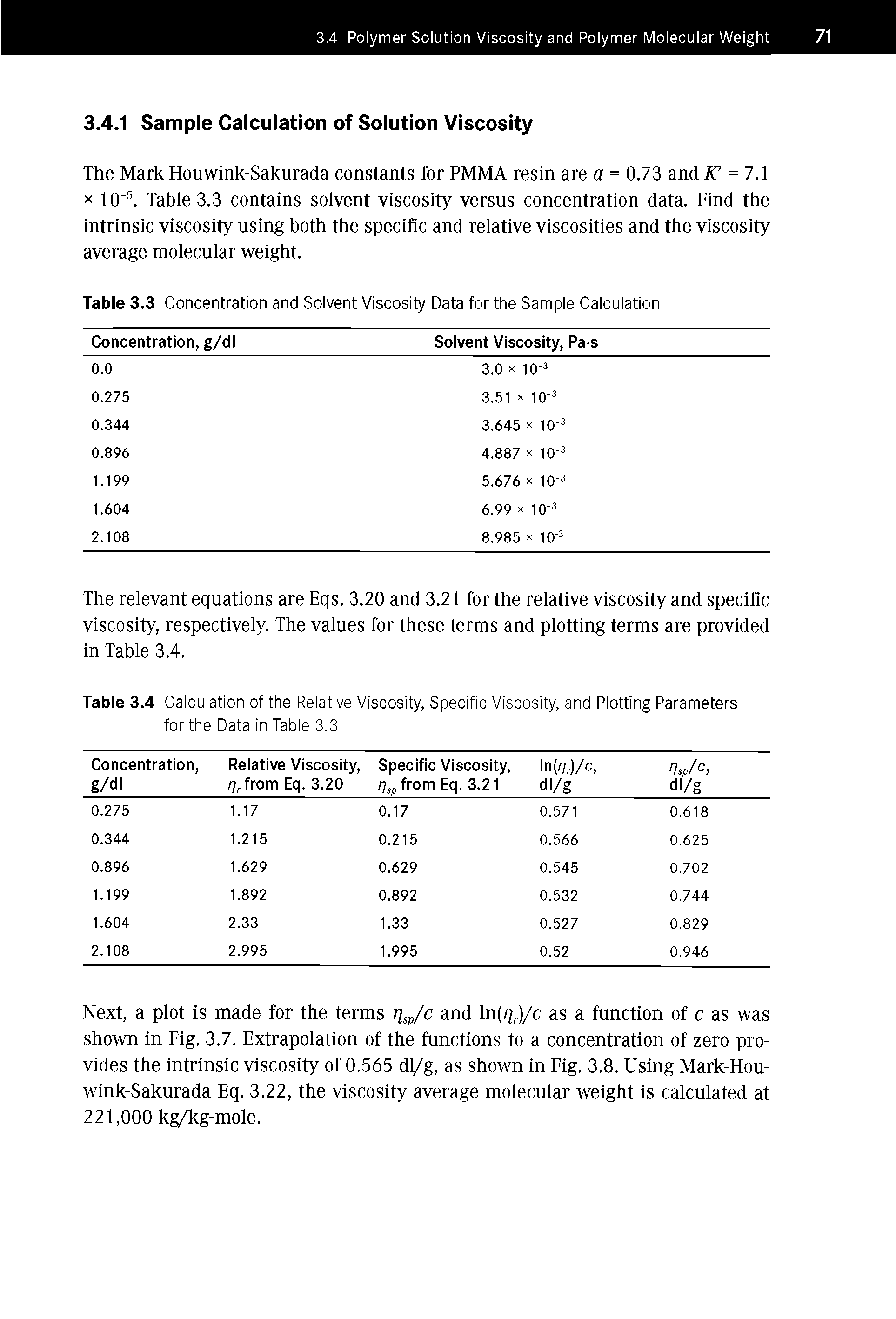 Table 3.4 Calculation of the Relative Viscosity, Specific Viscosity, and Plotting Parameters for the Data in Table 3.3...