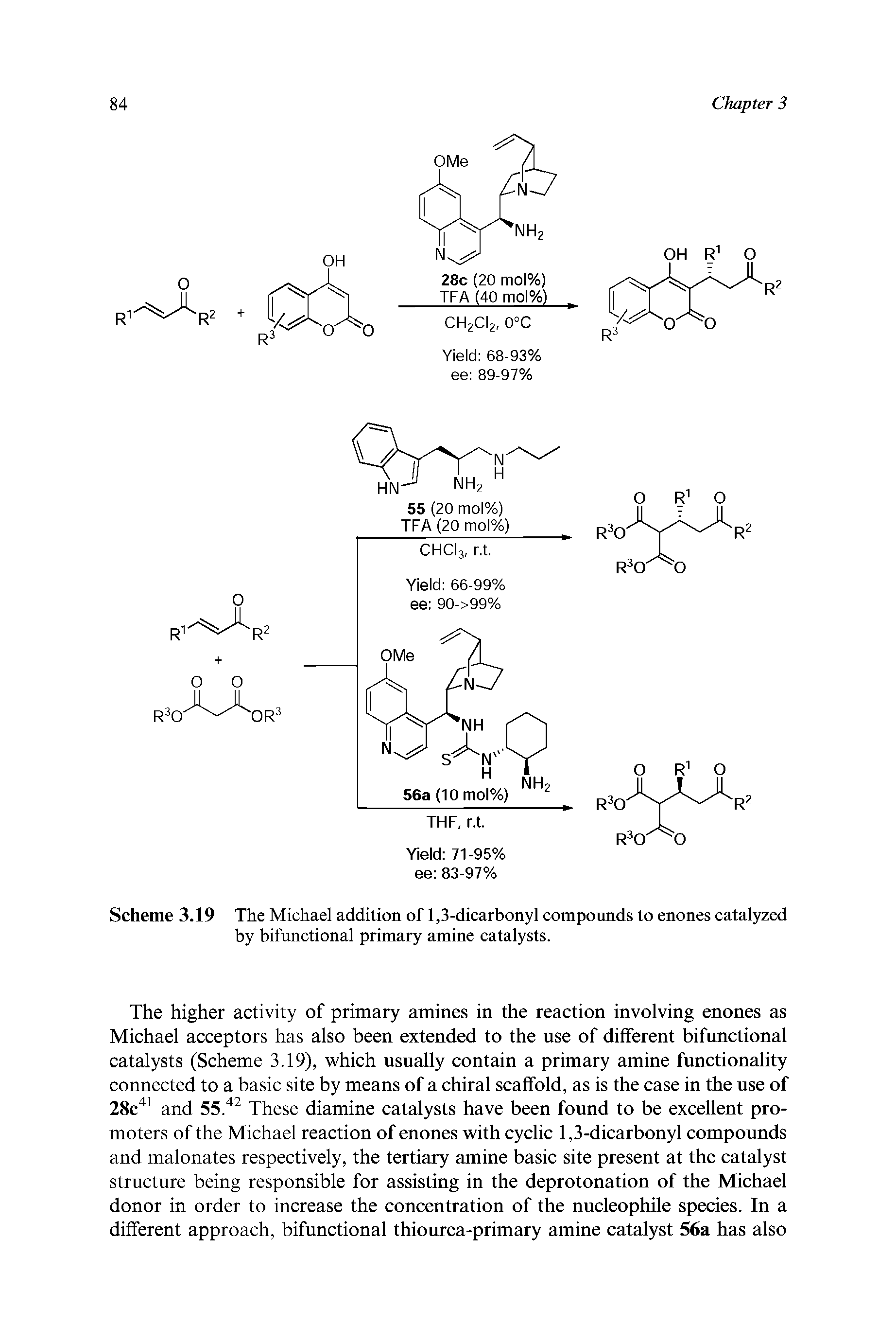 Scheme 3.19 The Michael addition of 1,3-dicarbonyl compounds to enones catalyzed by bifunctional primary amine catalysts.