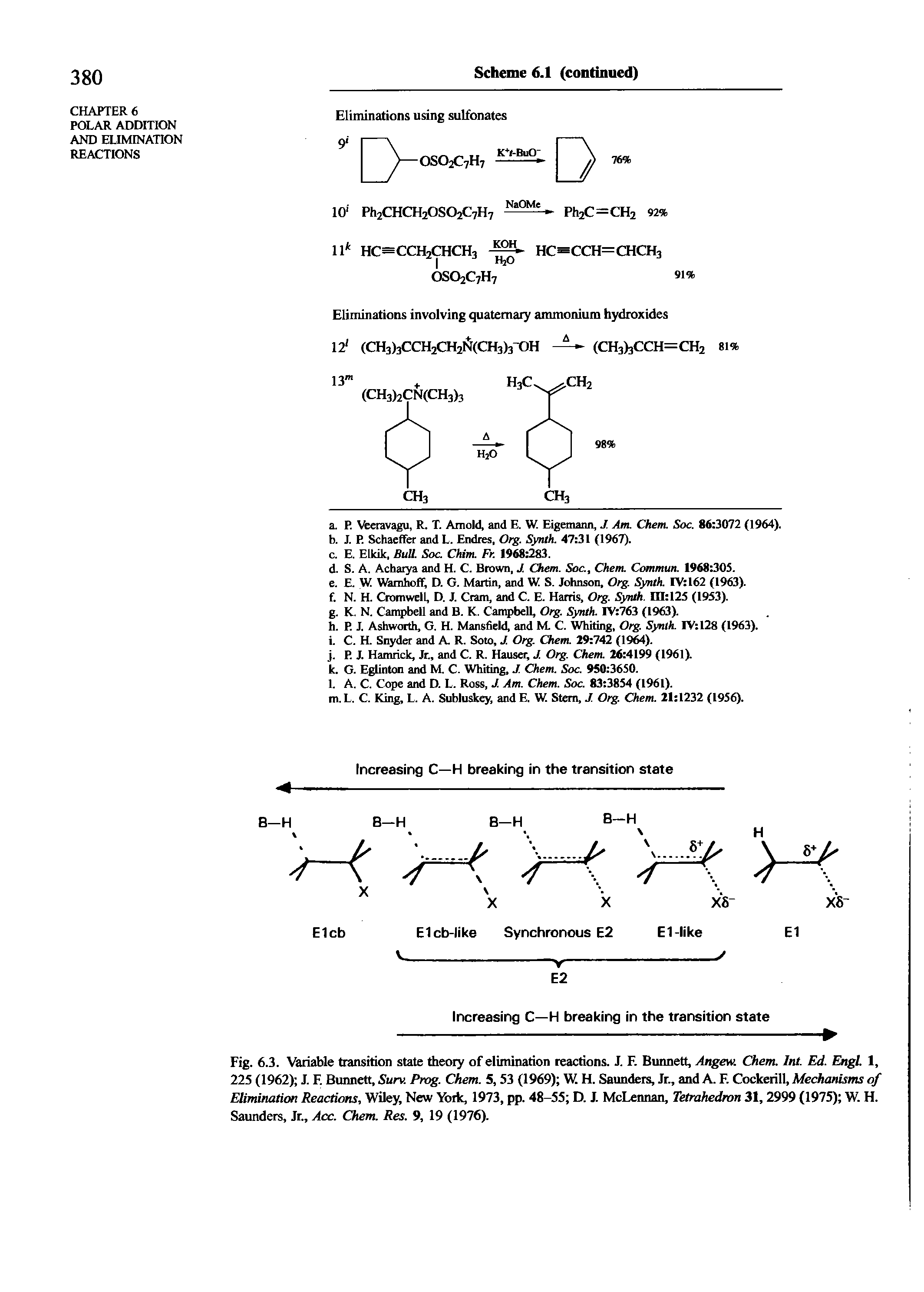Fig. 6.3. Variable transition state theoiy of elimination reactions. J. F. Bunnett, Angew. Chem. Int. Ed. Engl. 1, 225 (1962) J. F. Bunnett, Surv. Prog. Chem. 5, 53 (1969) W. H. Saunders, Jr., and A. F. Cockerill, Mechanisms of Elimination Reactions, Wiley, New York, 1973, pp. 48—55 D. J. McLennan, Tetrahedron 31, 2999 (1975) W. H. Saunders, Jr., Acc. Chem. Res. 9, 19 (1976).
