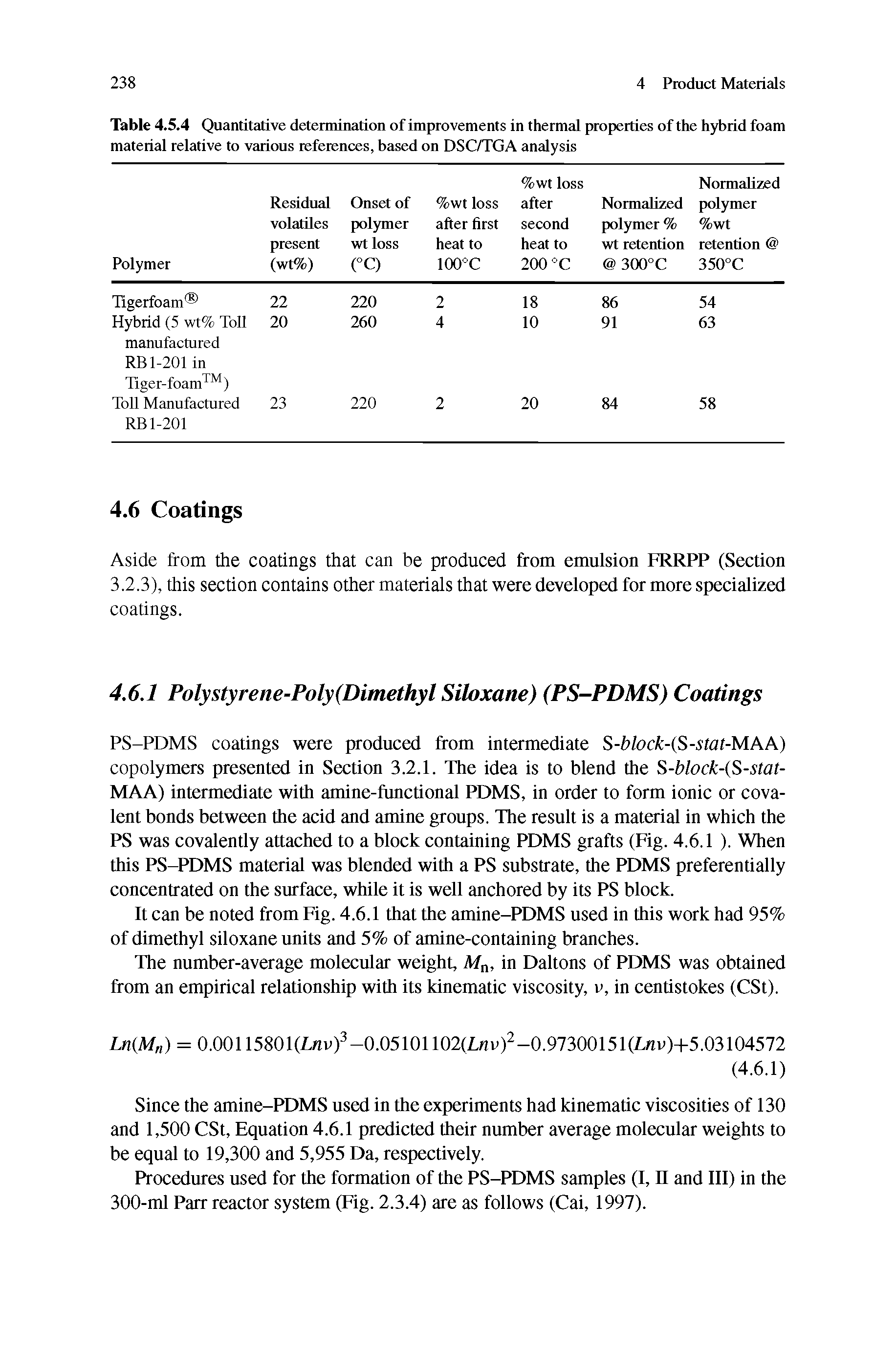 Table 4.5.4 Quantitative determination of improvements in thermal properties of the hybrid foam material relative to various references, based on DSC/TGA analysis...