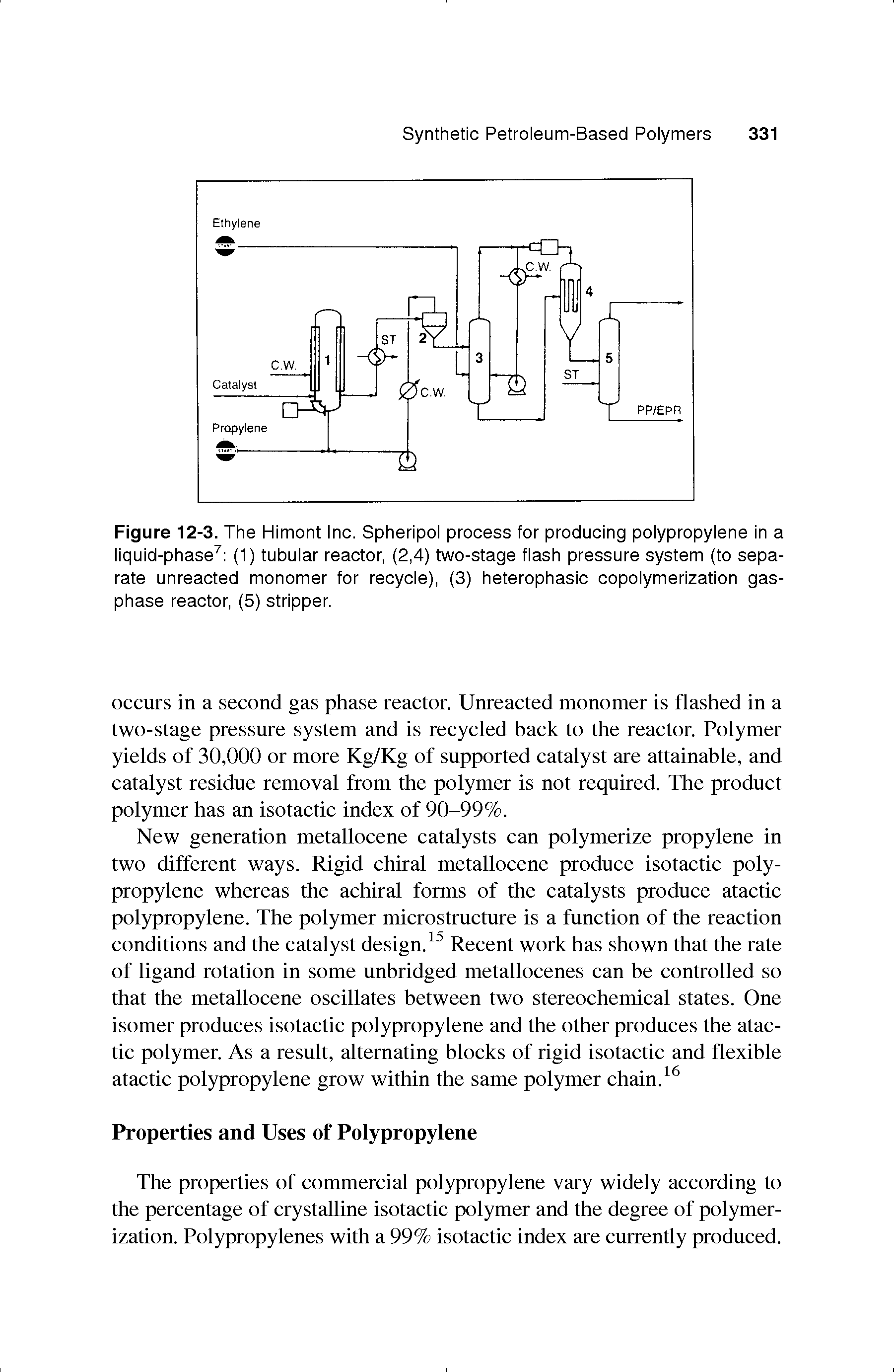 Figure 12-3. The Himont Inc. Spheripol process for producing polypropylene in a liquid-phase (1) tubular reactor, (2,4) two-stage flash pressure system (to separate unreacted monomer for recycle), (3) heterophasic copolymerization gas-phase reactor, (5) stripper.