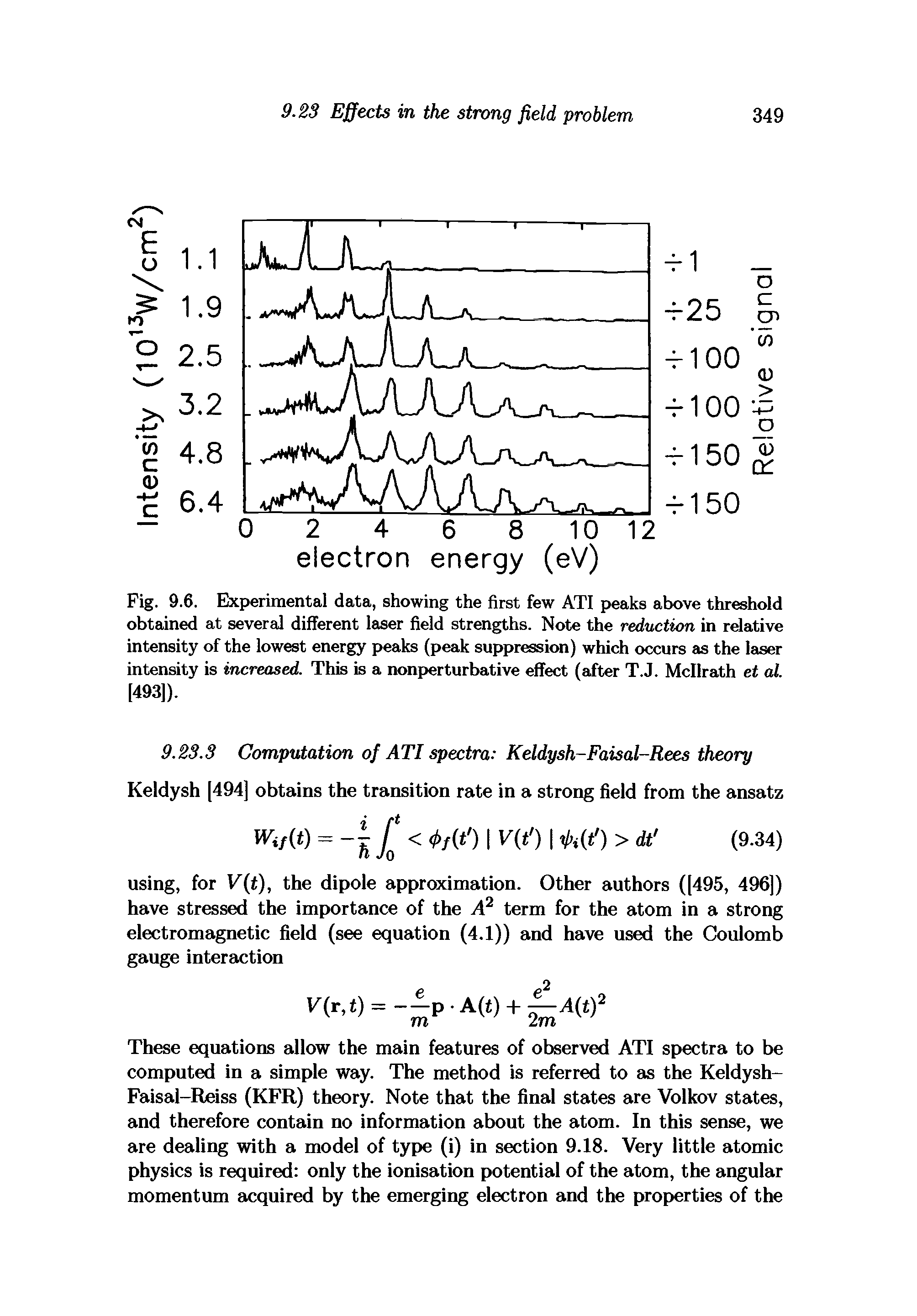 Fig. 9.6. Experimental data, showing the first few ATI peaks above threshold obtained at several different laser field strengths. Note the reduction in relative intensity of the lowest energy peaks (peak suppression) which occurs as the laser intensity is increased. This is a nonperturbative effect (after T.J. Mcllrath et al. [493]).