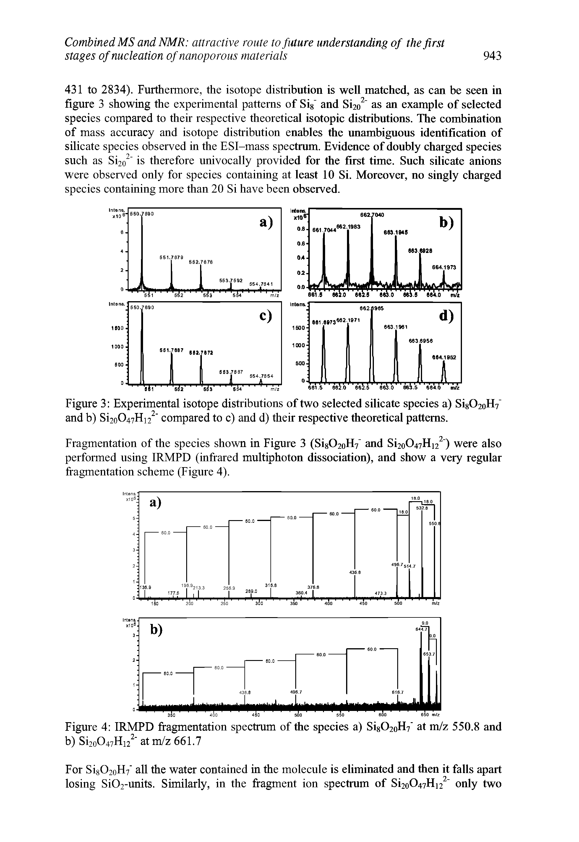 Figure 4 IRMPD fragmentation spectrum of the species a) SisO20H7" at m/z 550.8 and b) Si2o047Hi22 at m/z 661.7...