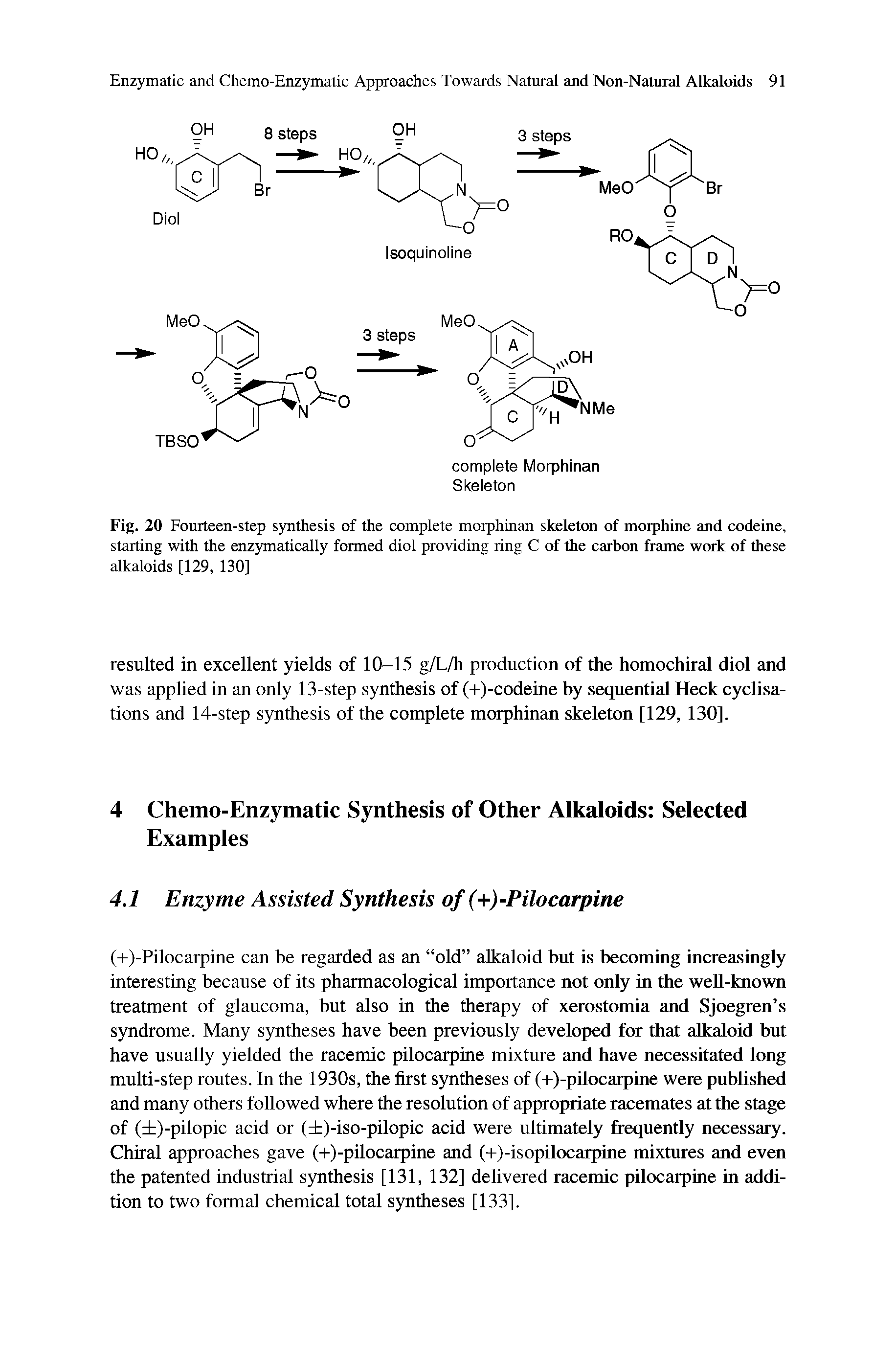 Fig. 20 Fourteen-step synthesis of the complete morphinan skeleton of morphine and codeine, starting with the enzymatically formed diol providing ring C of the carbon frame work of these alkaloids [129, 130]...