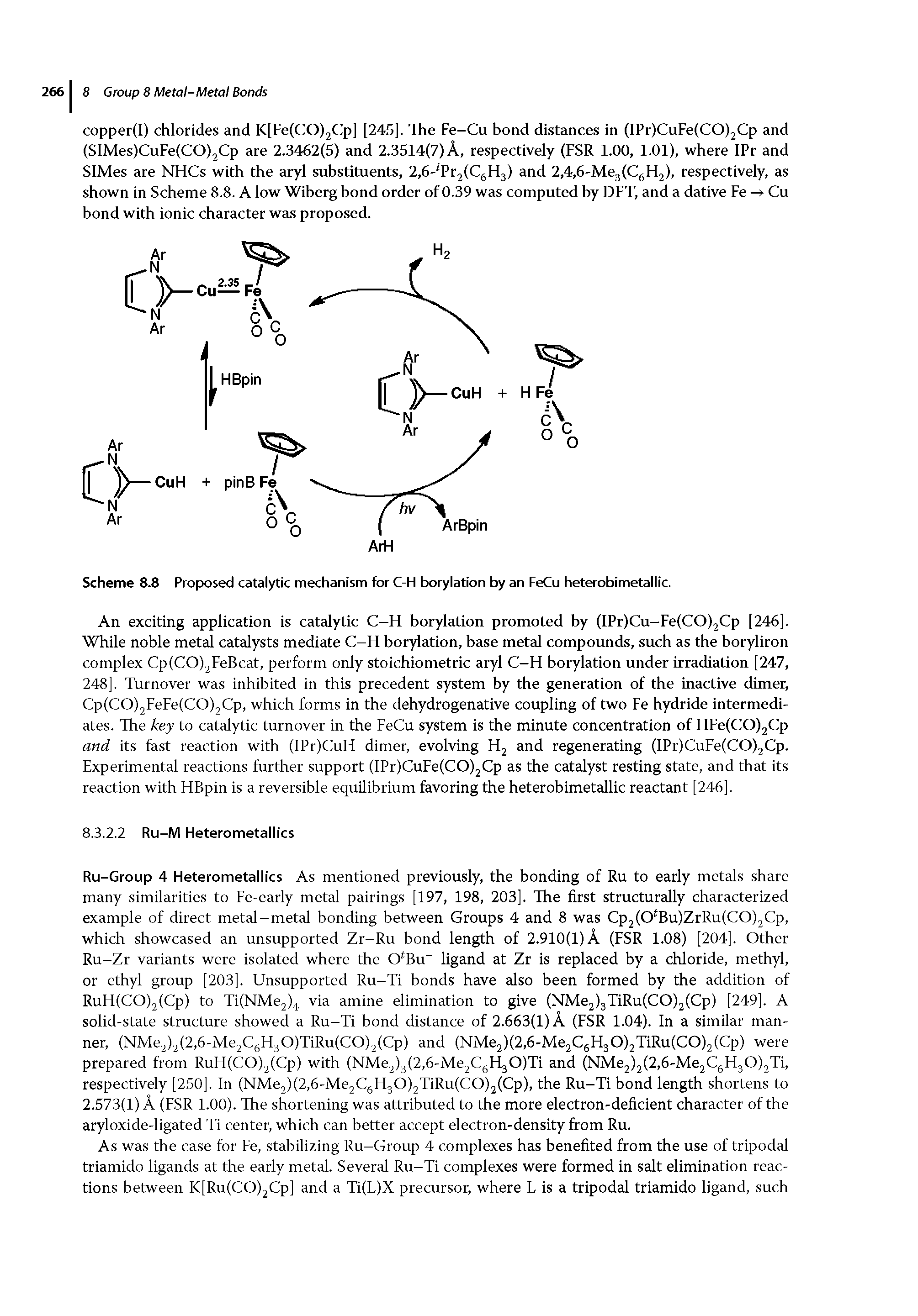 Scheme 8.8 Proposed catalytic mechanism for C-H borylation by an FeCu heterobimetallic.