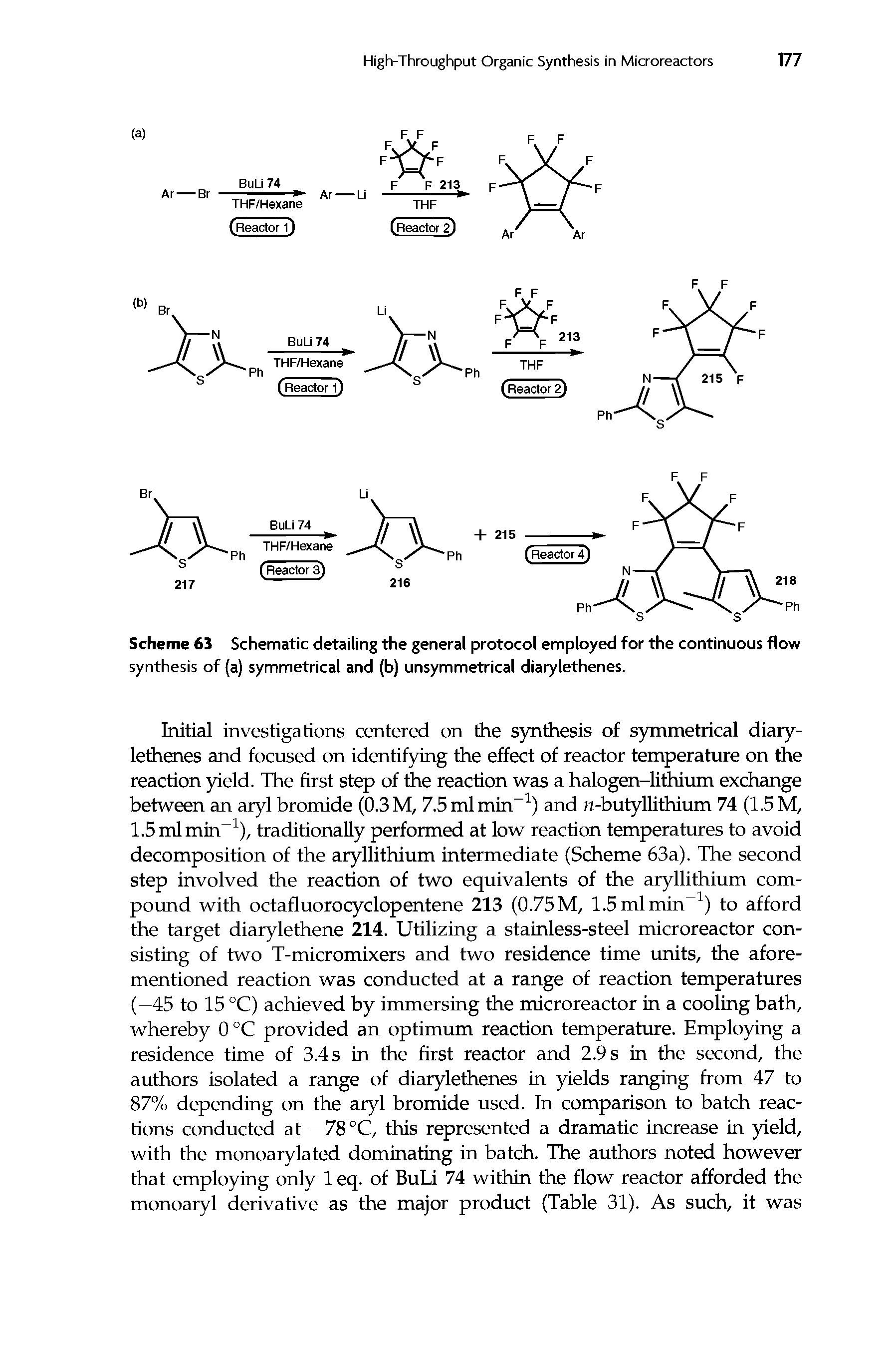 Scheme 63 Schematic detailing the general protocol employed for the continuous flow synthesis of (a) symmetrical and (b) unsymmetrical diarylethenes.