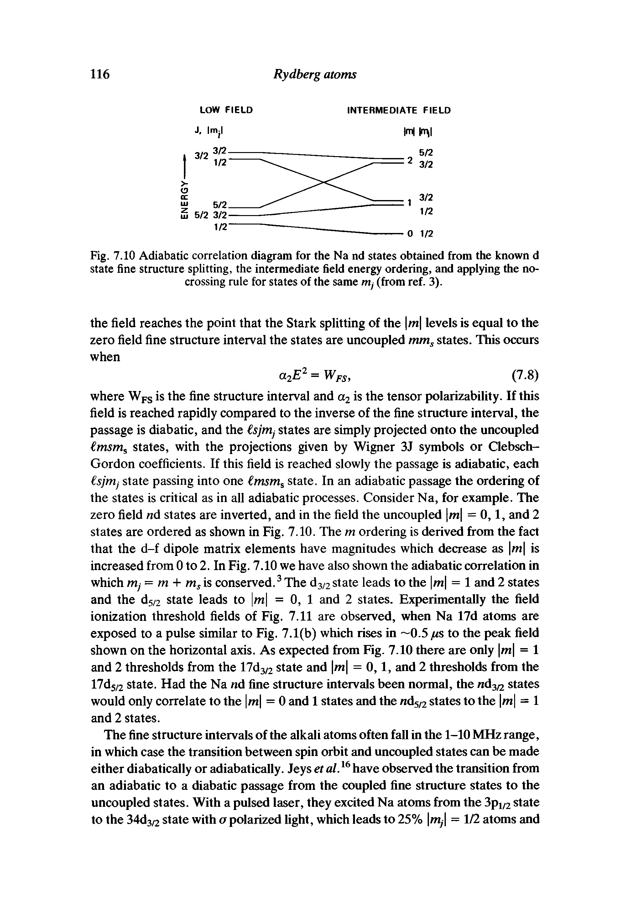Fig. 7.10 Adiabatic correlation diagram for the Na nd states obtained from the known d state fine structure splitting, the intermediate field energy ordering, and applying the nocrossing rule for states of the same m (from ref. 3).