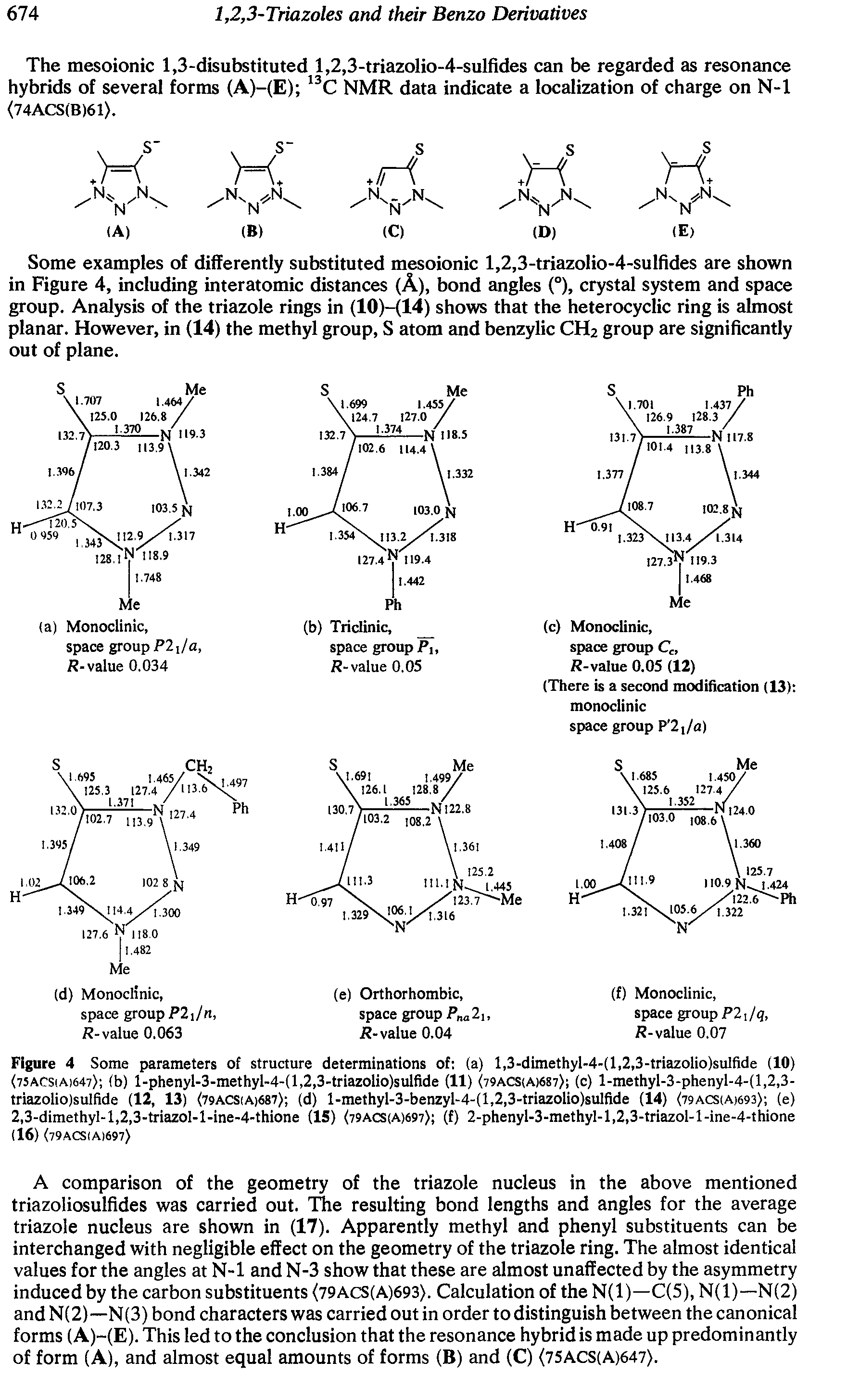 Figure 4 Some parameters of structure determinations of (a) l,3-dimethyl-4-(l,2,3-triazolio)sulflde (10) (75ACsiA)647> (b) l-phenyl-3-methyl-4-(l,2,3-triazolio)sulflde (11) (79ACS(A)687) (c) l-methyl-3-phenyl-4-(l,2,3-triazolio)sulflde (12, 13) (79ACS(A)687> (d) l-methyl-3-benzyl-4-(l,2,3-triazolio)sulflde (14) (79ACS(A)693> (e) 2,3-dimethyl-l,2,3-triazol-l-ine-4-thione (15) (79ACS(A)697) (f) 2-phenyl-3-methyl-l,2,3-triazol-l-ine-4-thione (16) (79ACSIA)697)...
