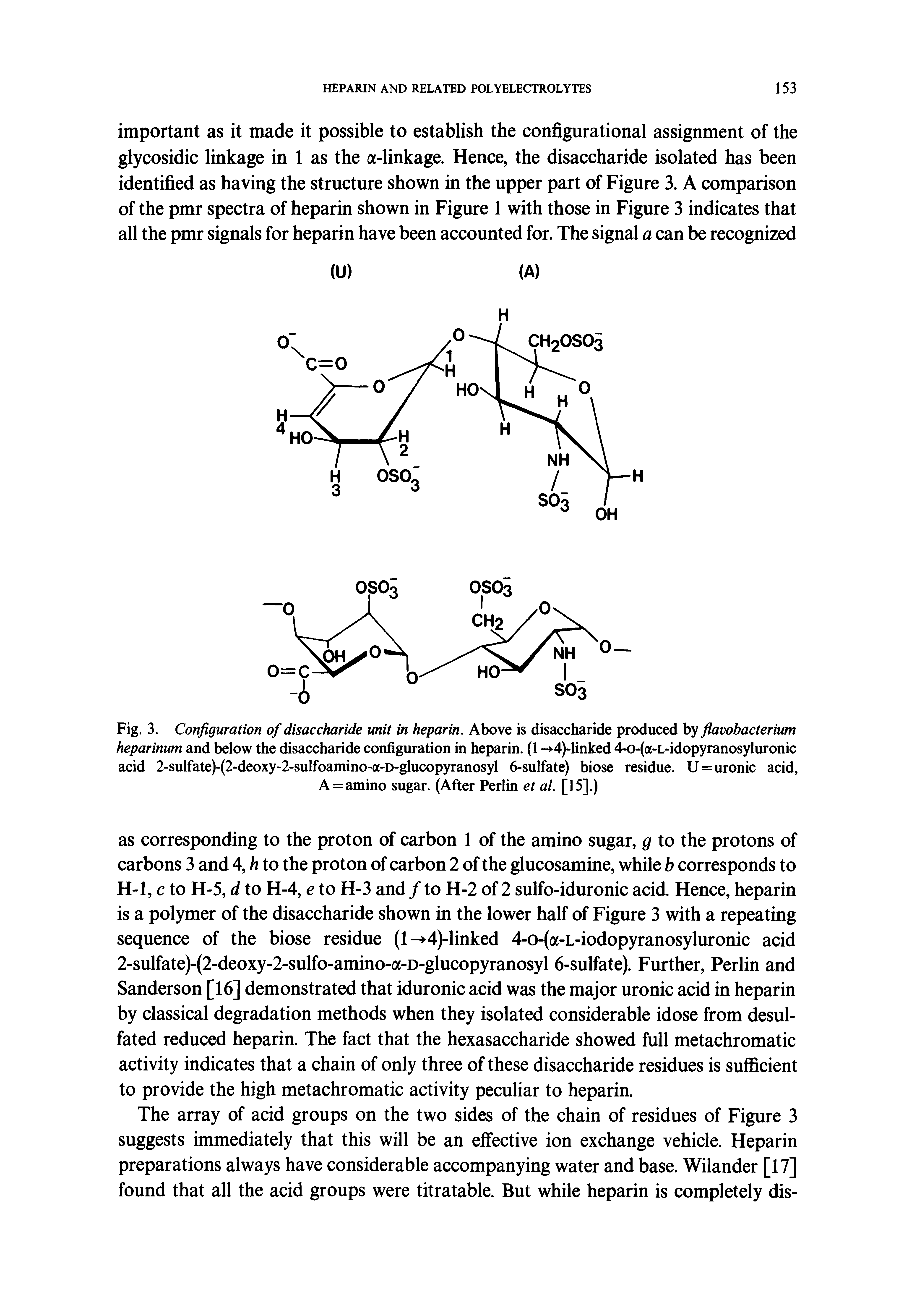 Fig. 3. Configuration of disaccharide unit in heparin. Above is disaccharide produced by flavobacterium heparinum and below the disaccharide configuration in heparin. (1 - 4)-linked 4-o-(a-L-idopyranosyluronic acid 2-sulfate)-(2-deoxy-2-sulfoamino-a-D-glucopyranosyl 6-sulfate) biose residue. U=uronic acid, A = amino sugar. (After Perlin et al. [15].)...