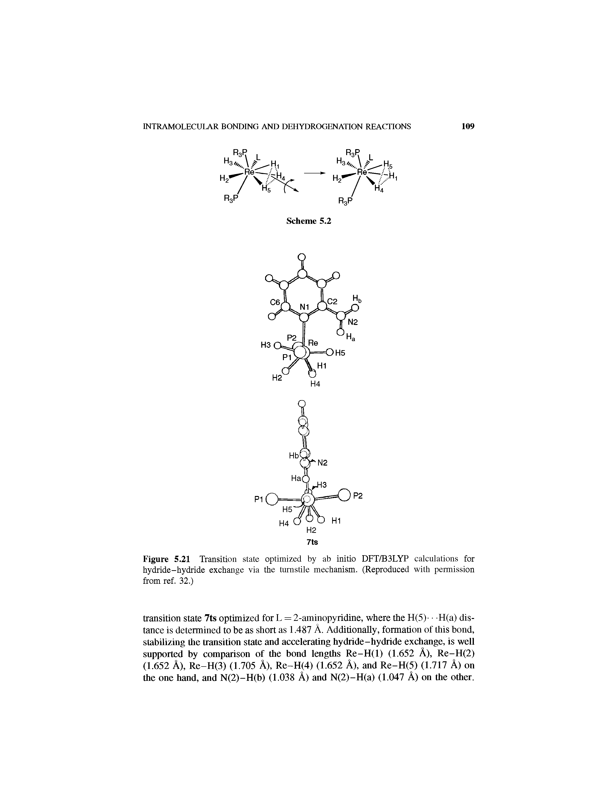 Figure 5.21 Transition state optimized by ab initio DFT/B3LYP calculations for hydride-hydride exchange via the turnstile mechanism. (Reproduced with permission from ref. 32.)...