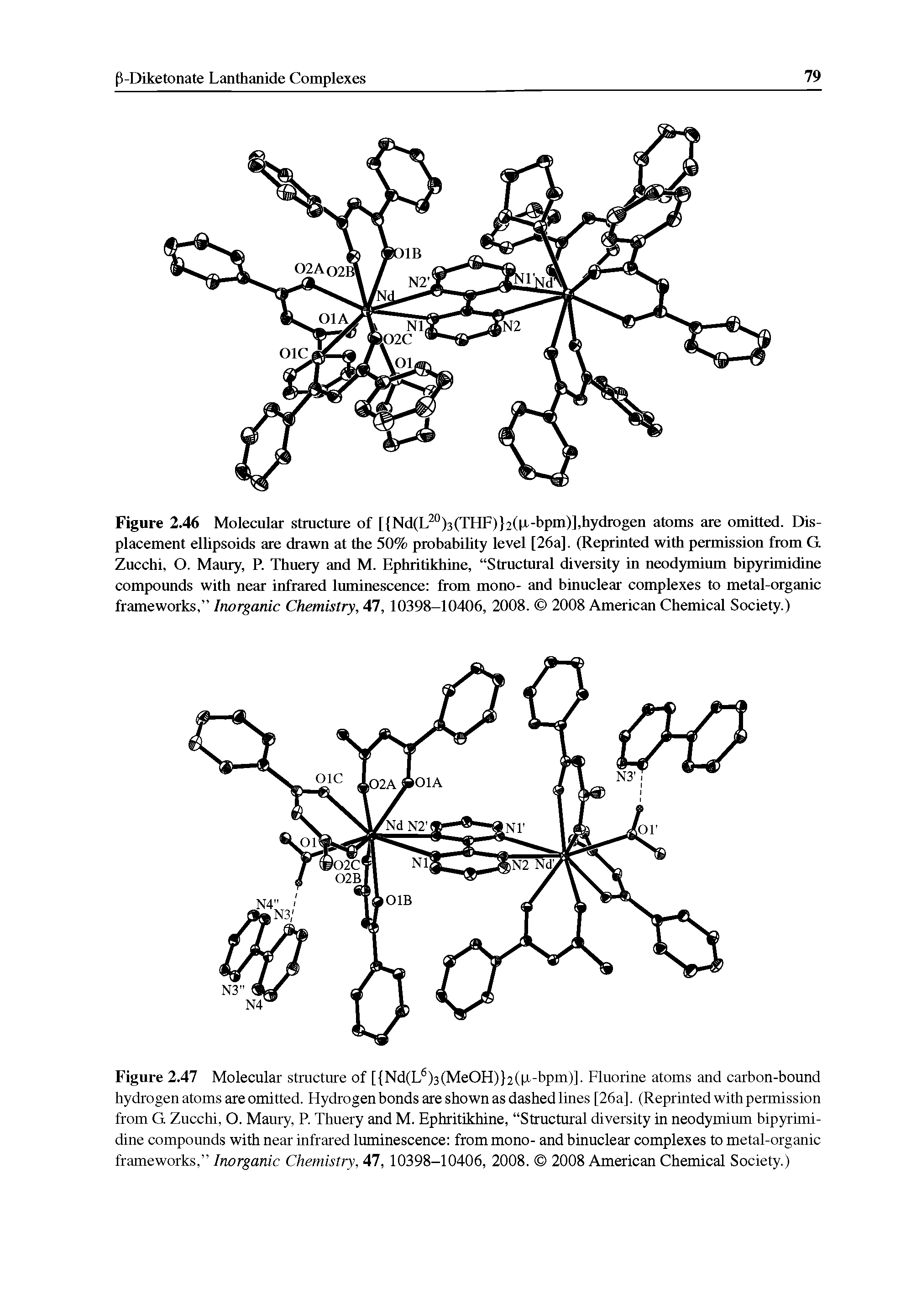 Figure 2.47 Molecular structure of [ Nd(L )3(MeOH) 2(fi-bpm)]. Fluorine atoms and carbon-bound hydrogen atoms are omitted. Hydrogen bonds are shown as dashed lines [26a]. (Reprinted with permission from G. Zucchi, O. Maury, P. Thuery and M. Ephritikhine, Structural diversity in neodymium bipyrimidine compounds with near infrared luminescence from mono- and binuclear complexes to metal-organic frameworks, Inorganic Chemistry, 47, 10398-10406, 2008. 2008 American Chemical Society.)...