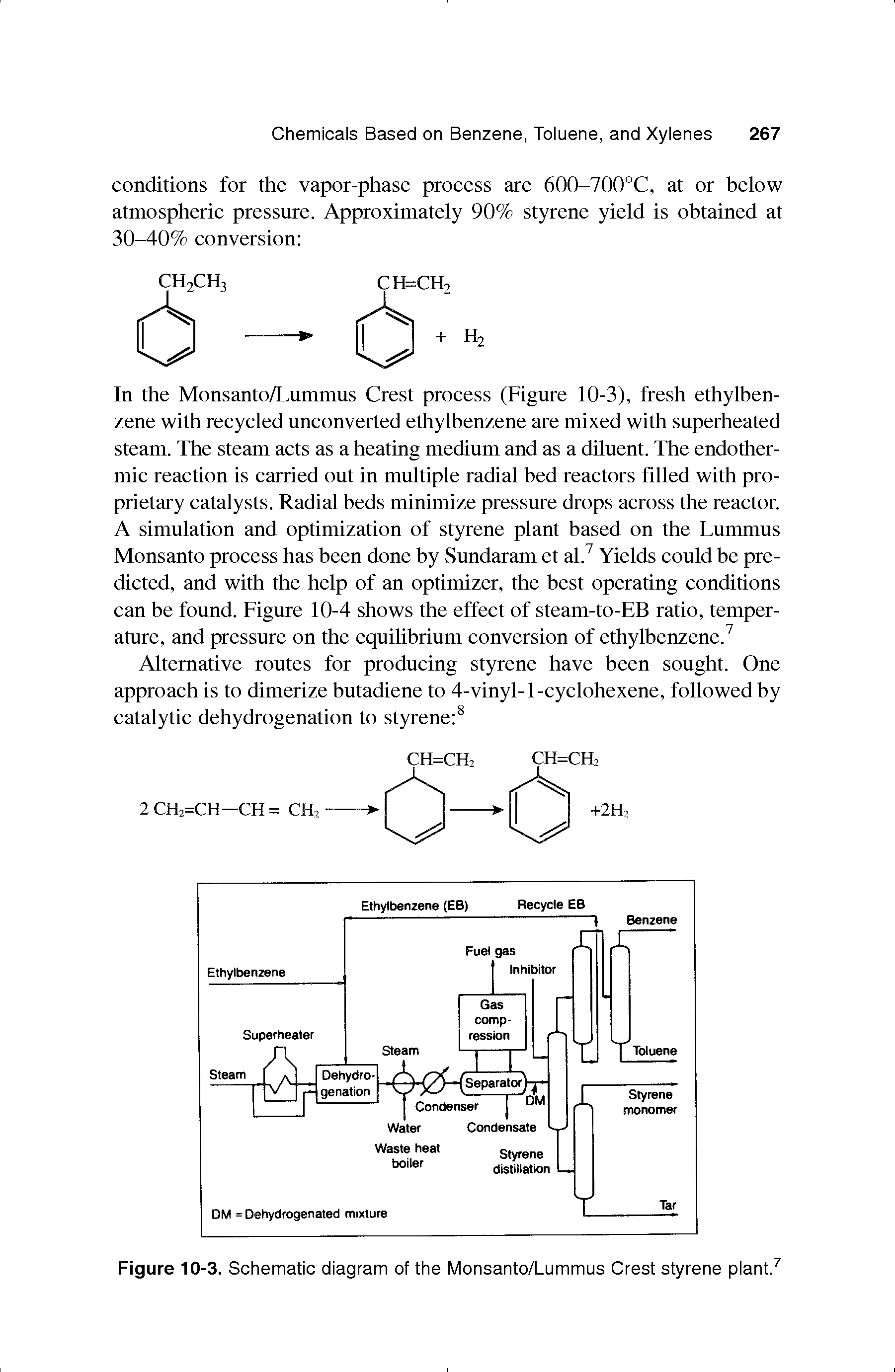 Figure 10-3. Schematic diagram of the Monsanto/Lummus Crest styrene plant. ...