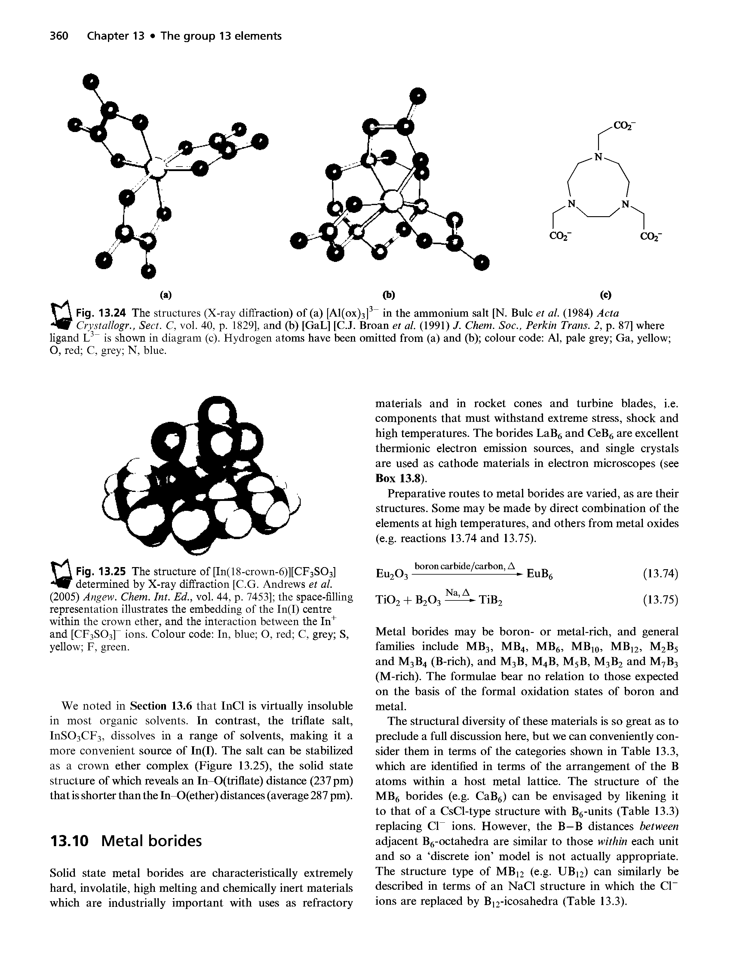 Fig. 13.25 The structure of [In(18-crown-6)][CF3S03] 9 determined by X-ray diffraction [C.G. Andrews et al. (2005) Angew. Chem. Int. Ed., vol. 44, p. 7453] the space-filling representation illustrates the embedding of the In(I) centre within the crown ether, and the interaction between the In and [CF3SO3P ions. Colour code In, blue O, red C, grey S, yellow F, green.