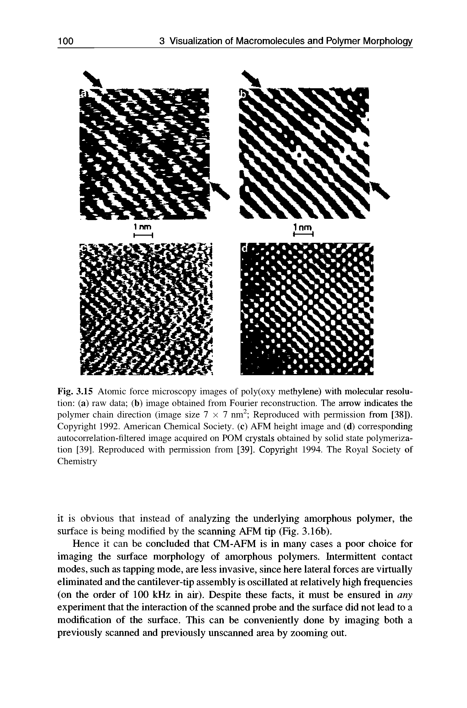 Fig. 3.15 Atomic force microscopy images of poly(oxy methylene) with molecular resolution (a) raw data (b) image obtained from Fourier reconstruction. The arrow indicates the polymer chain direction (image size 7x7 nm2 Reproduced with permission from [38]). Copyright 1992. American Chemical Society, (c) AFM height image and (d) corresponding autocorrelation-filtered image acquired on POM crystals obtained by solid state polymerization [39]. Reproduced with permission from [39]. Copyright 1994. The Royal Society of Chemistry...