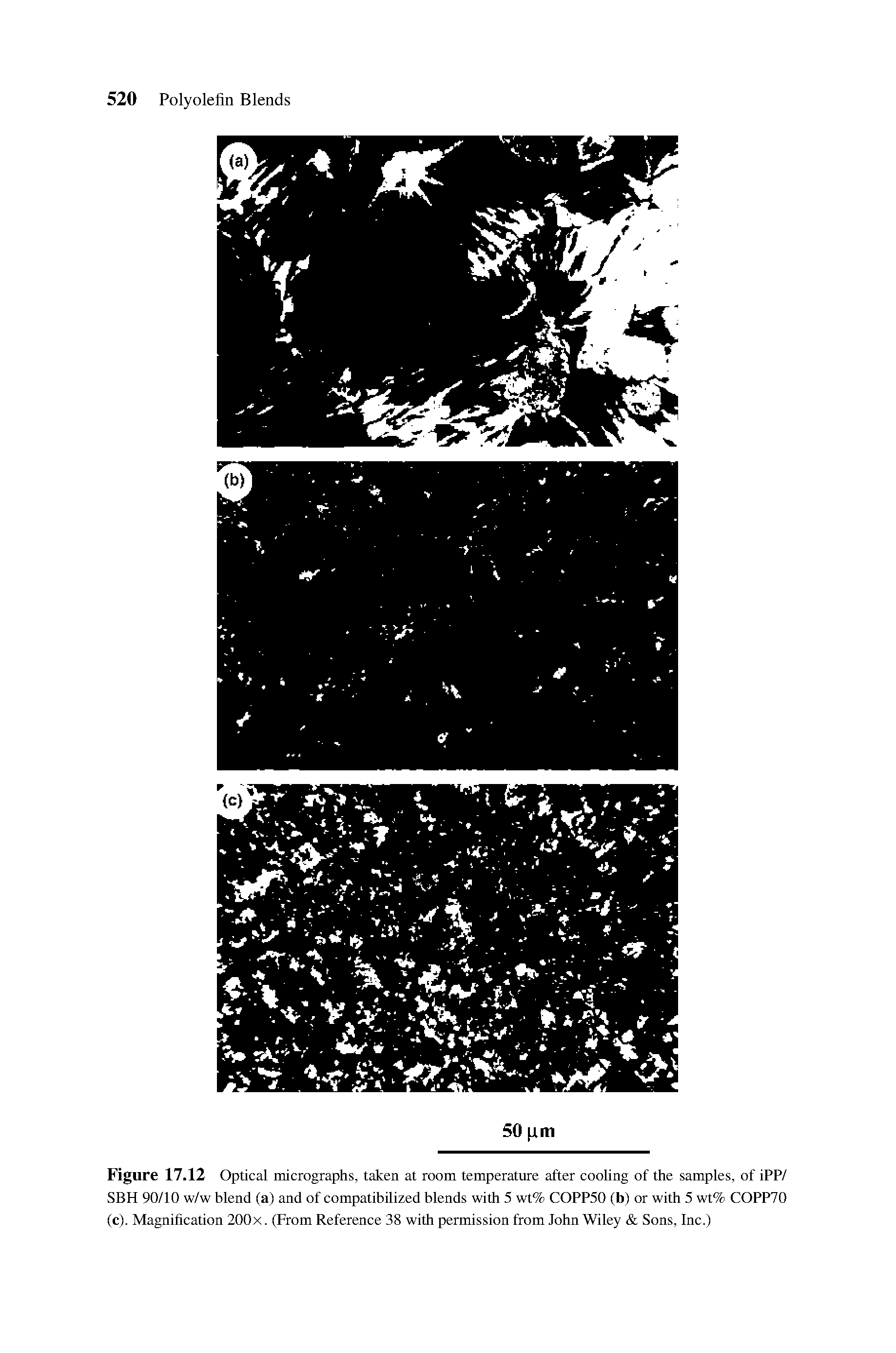 Figure 17.12 Optical micrographs, taken at room temperature after cooling of the samples, of iPP/ SBH 90/10 w/w blend (a) and of compatibilized blends with 5 wt% COPP50 (b) or with 5 wt% COPP70 (c). Magnification 200x. (From Reference 38 with permission from John Wiley Sons, Inc.)...