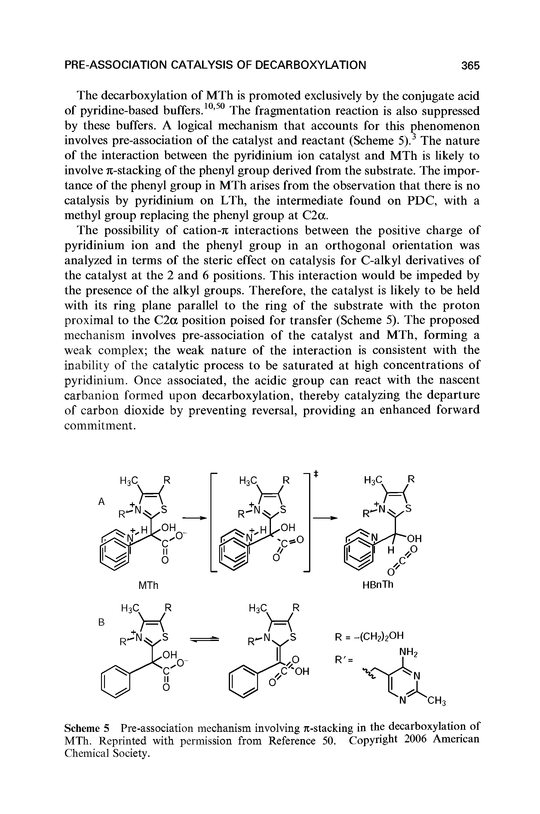 Scheme 5 Pre-association mechanism involving 7i-stacking in the decarboxylation of MTh. Reprinted with permission from Reference 50. Copyright 2006 American Chemical Society.