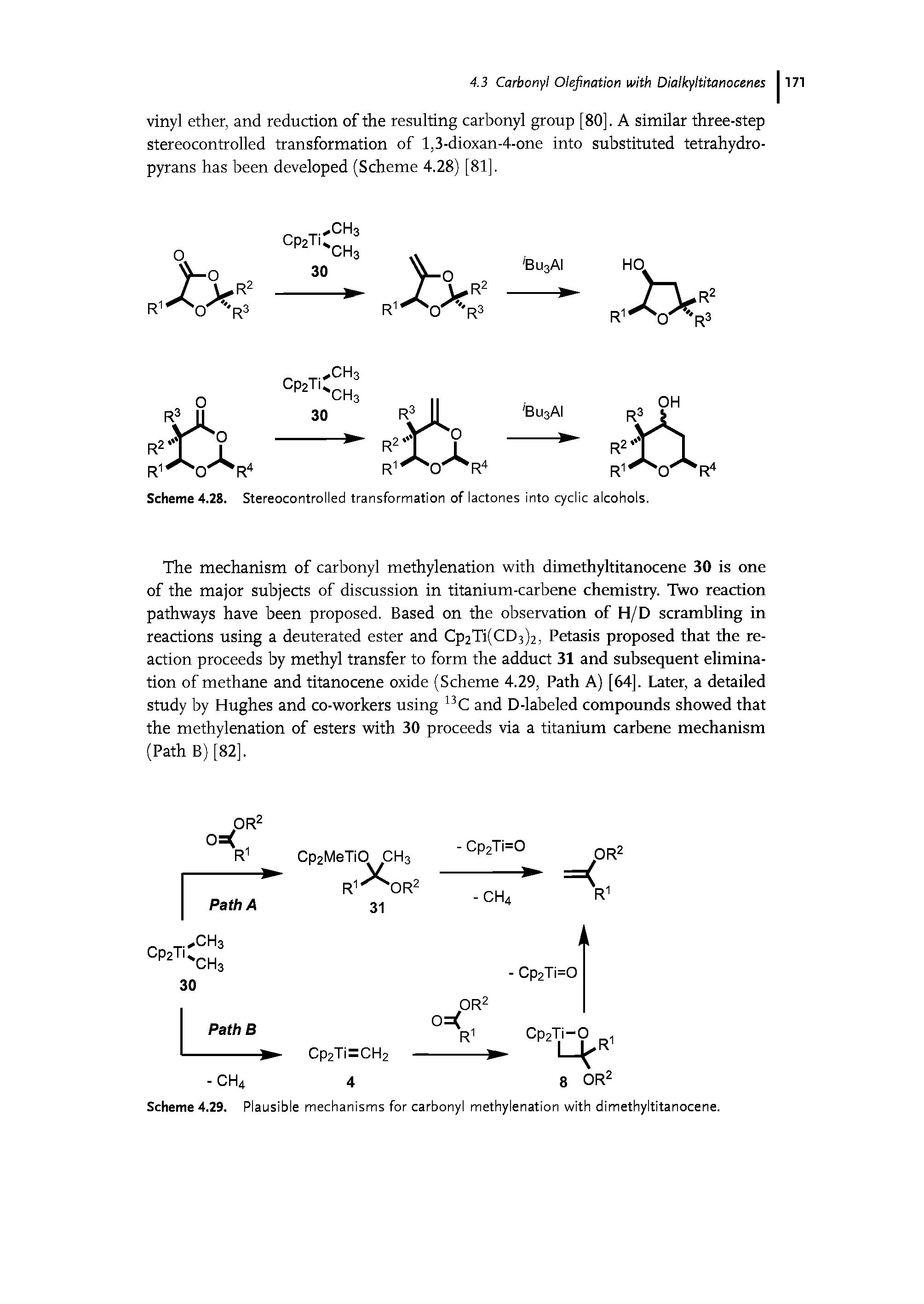 Scheme 4.29. Plausible mechanisms for carbonyl methylenation with dimethyltitanocene.