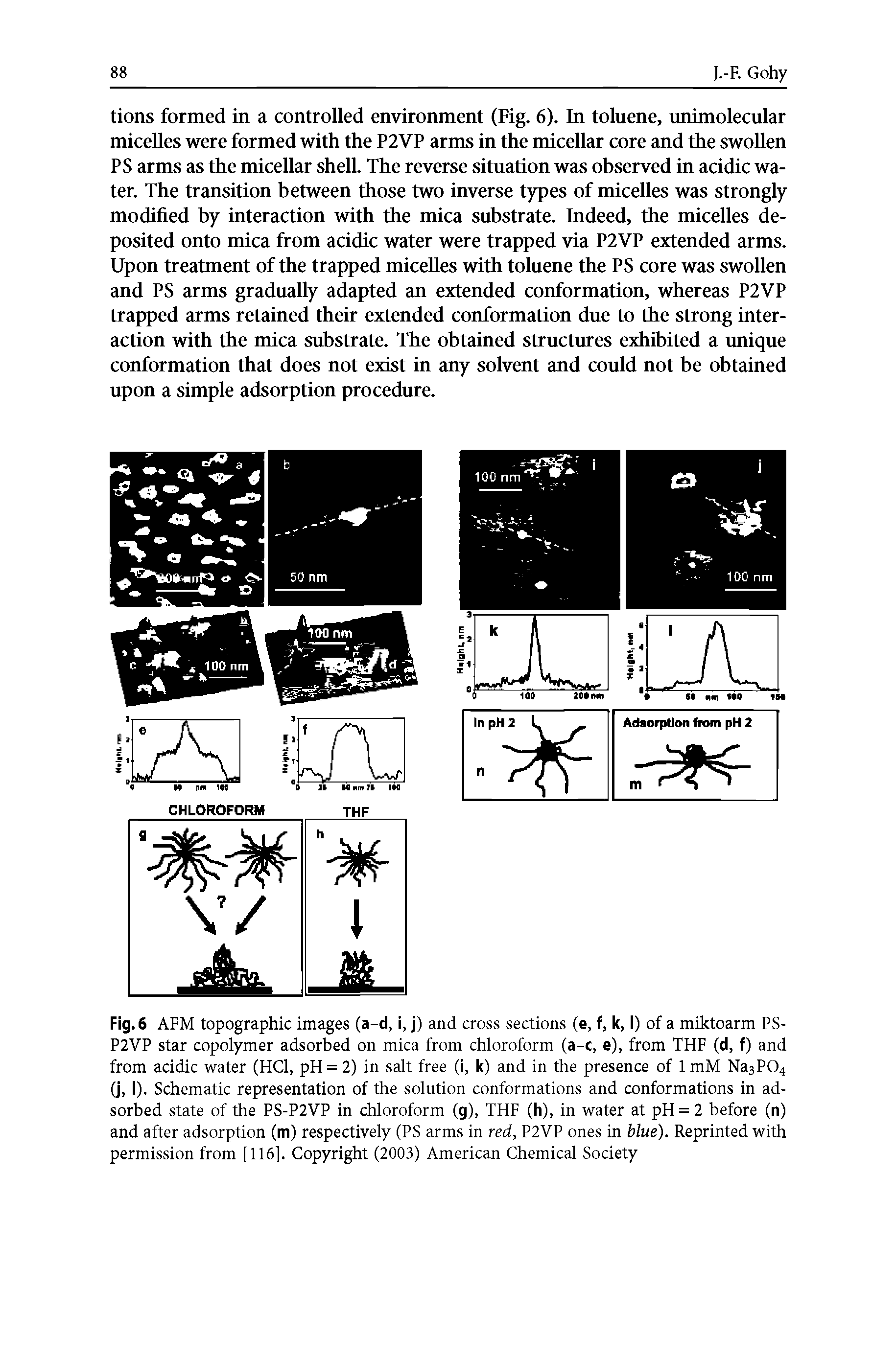 Fig. 6 AFM topographic images (a-d, i, j) and cross sections (e, f, k, I) of a miktoarm PS-P2VP star copolymer adsorbed on mica from chloroform (a-c, e), from THF (d, f) and from acidic water (HC1, pH = 2) in salt free (i, k) and in the presence of 1 mM Na3P04 (j, I). Schematic representation of the solution conformations and conformations in adsorbed state of the PS-P2VP in chloroform (g), THF (h), in water at pH = 2 before (n) and after adsorption (m) respectively (PS arms in red, P2VP ones in blue). Reprinted with permission from [116]. Copyright (2003) American Chemical Society...