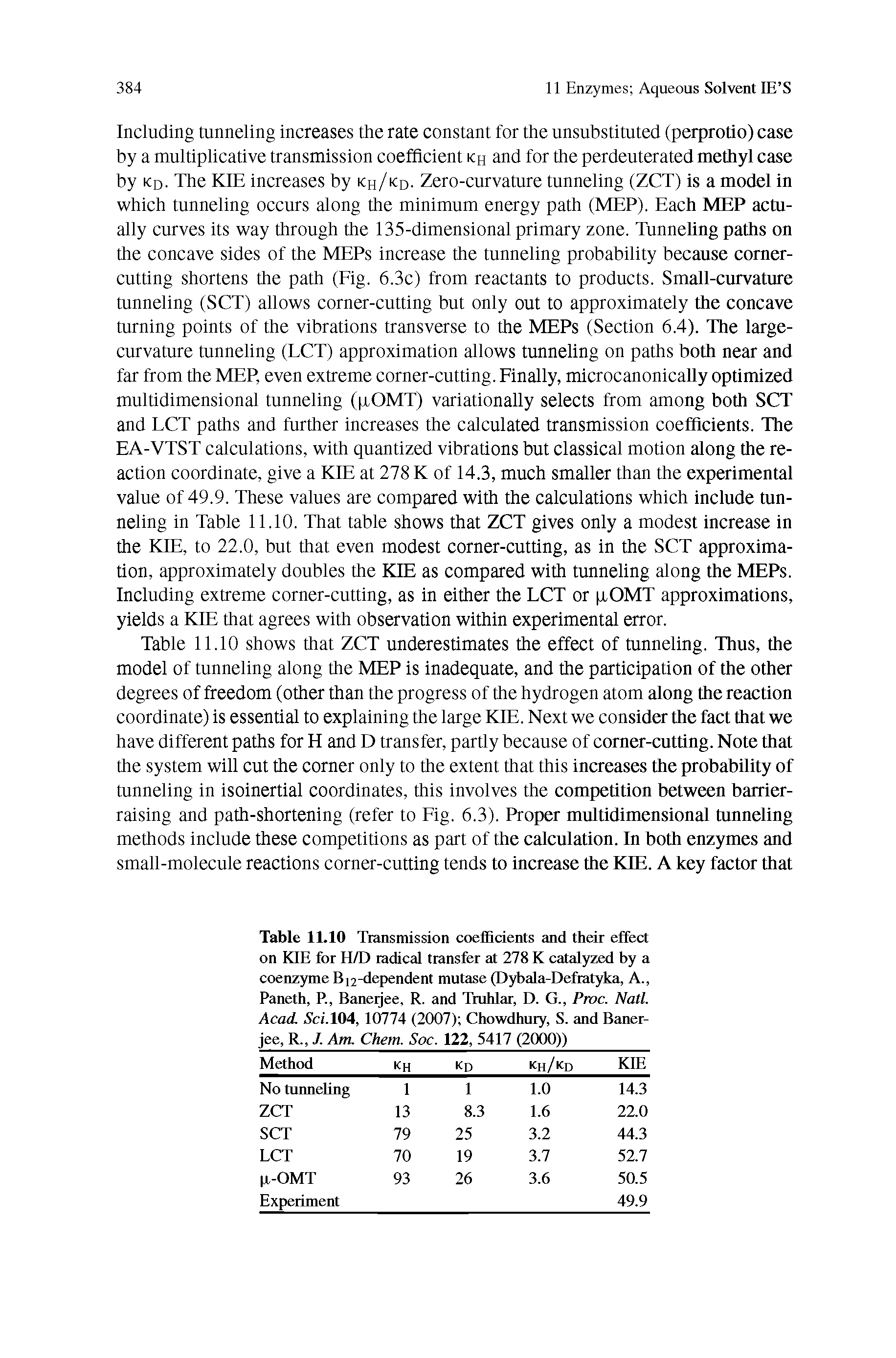 Table 11.10 Transmission coefficients and their effect on KIE for H/D radical transfer at 278 K catalyzed by a coenzyme B -dependent mutase (Dybala-Defratyka, A., Paneth, P., Baneijee, R. and Truhlar, D. G., Proc. Natl. Acad. 5c/.104, 10774 (2007) Chowdhury, S. and Baner-jee, R.,./. Am. Chem. Soc. 122, 5417 (2000)) ...