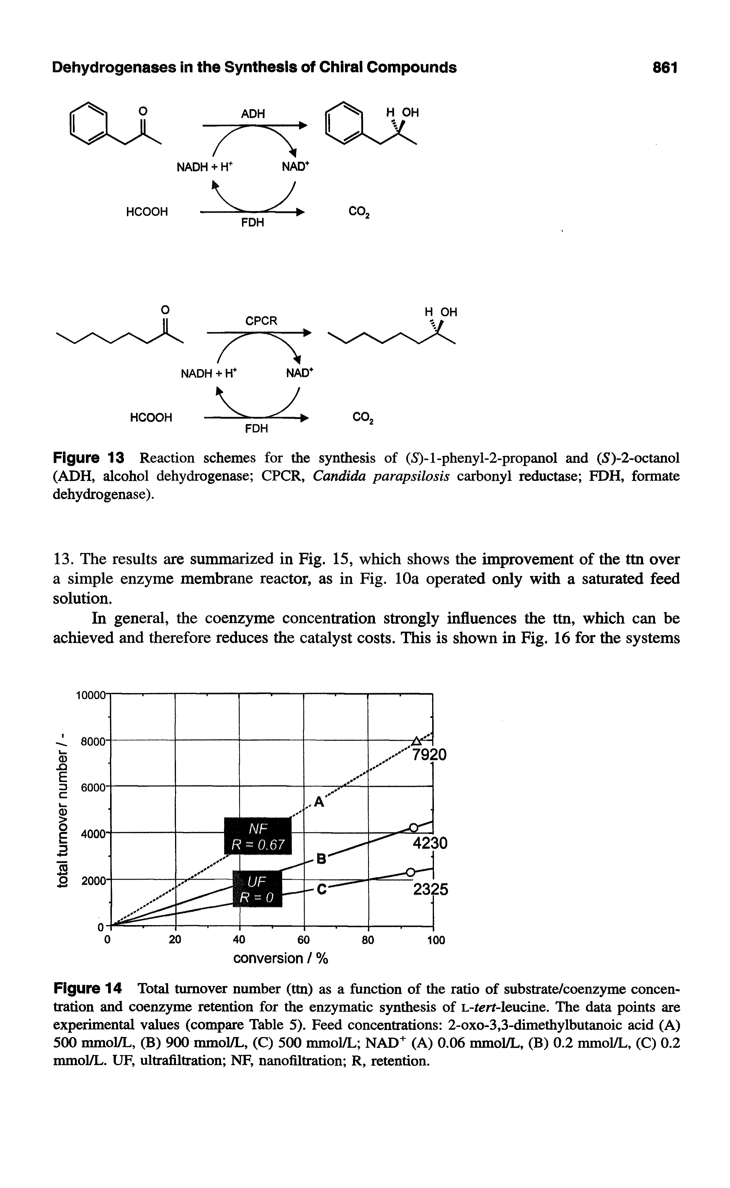 Figure 14 Total turnover number (ttn) as a function of the ratio of substrate/coenzyme concentration and coenzyme retention for the enzymatic synthesis of L-terf-leucine. The data points are experimental values (compare Table 5). Feed concentrations 2-oxo-3,3-dimethylbutanoic acid (A) 500 mmol/L, (B) 900 mmol/L, (C) 500 mmol/L NAD (A) 0.06 mmol/L, (B) 0.2 mmol/L, (C) 0.2 mmol/L. UF, ultrafiltration NF, nanofiltration R, retention.