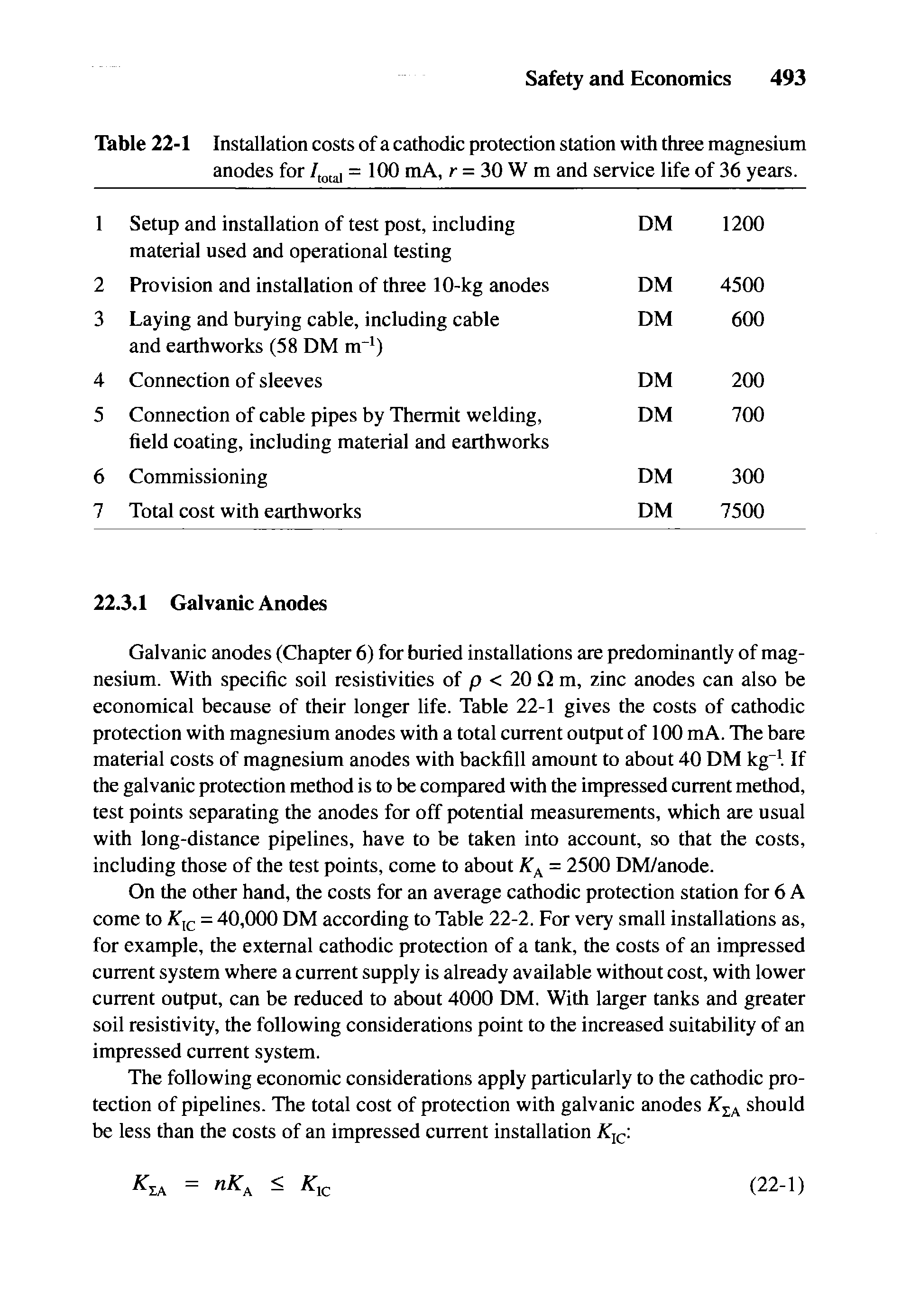 Table 22-1 Installation costs of a cathodic protection station with three magnesium anodes for = 100 mA, r = 30 W m and service life of 36 years.