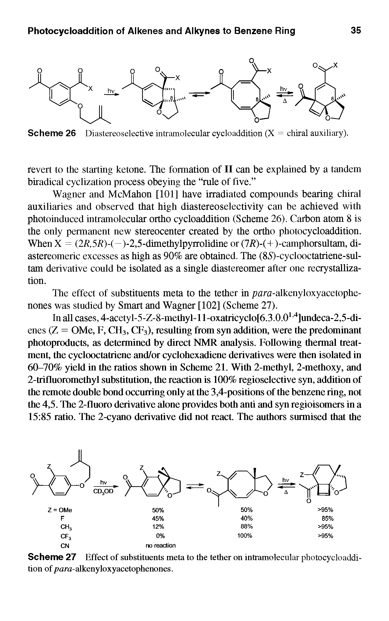 Scheme 27 Effect of substituents meta to the tether on intramolecular photocycloaddition of para-alkenyloxyacetophenones.