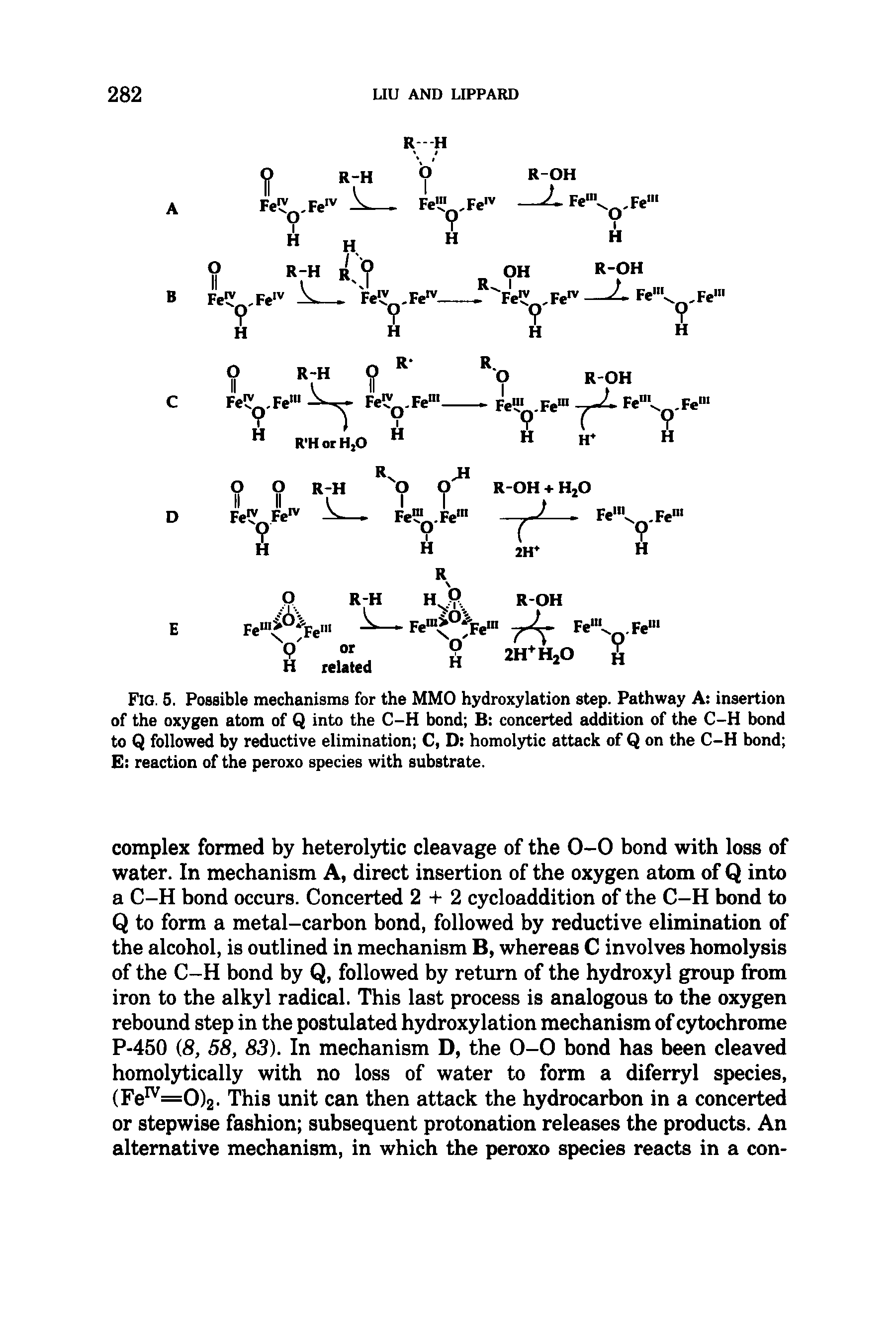 Fig. 5. Possible mechanisms for the MMO hydroxylation step. Pathway A insertion of the oxygen atom of Q into the C-H bond B concerted addition of the C-H bond to Q followed by reductive elimination C, D homolytic attack of Q on the C-H bond E reaction of the peroxo species with substrate.