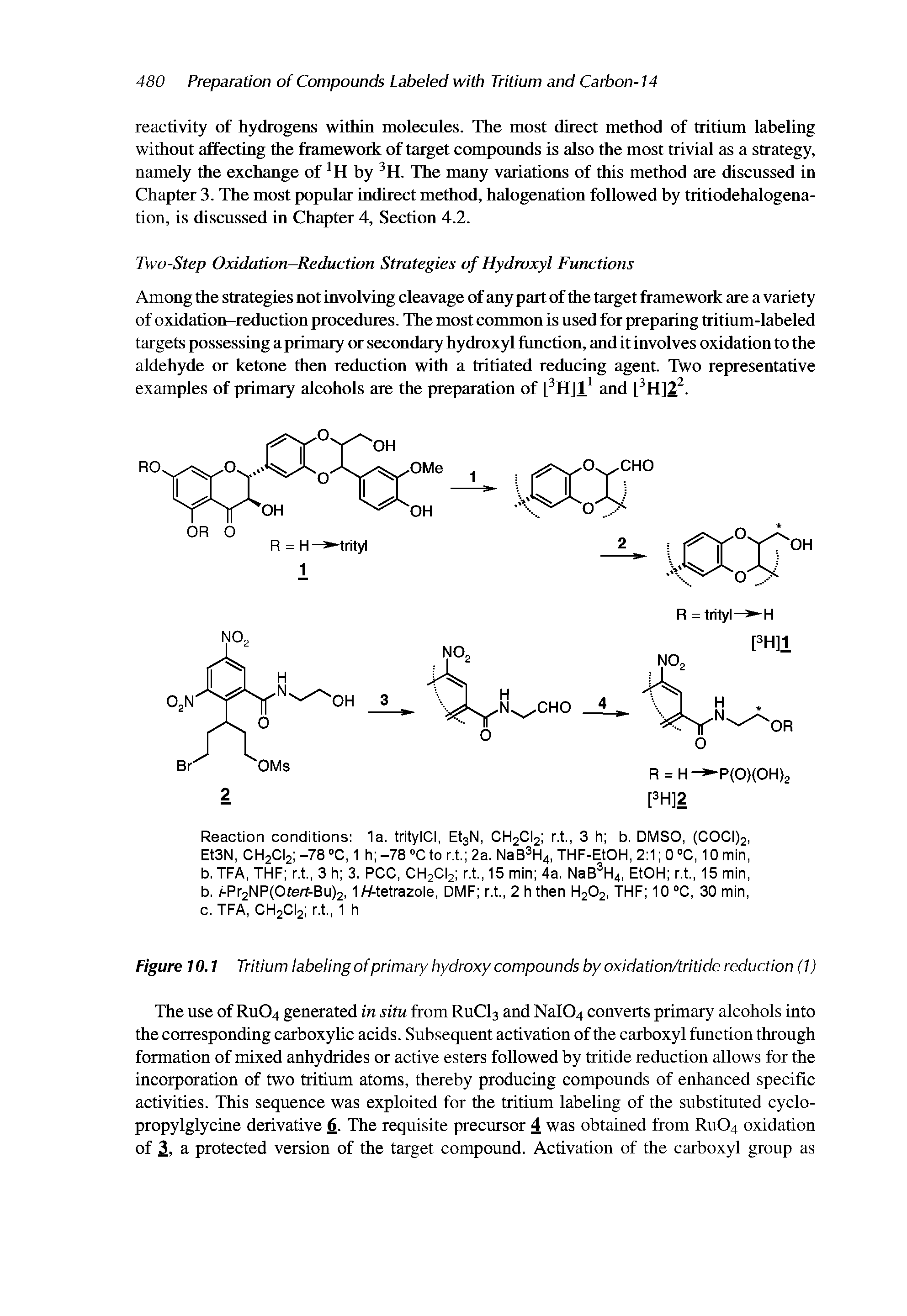 Figure 10.1 Tritium labeling of primary hydroxy compounds by oxidation/tritide reduction (1)...