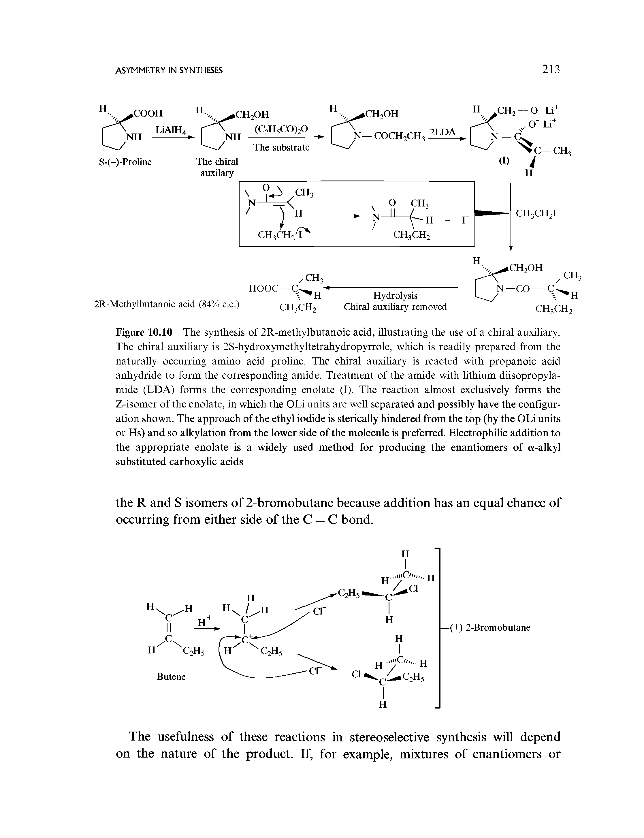 Figure 10.10 The synthesis of 2R-methylbutanoic acid, illustrating the use of a chiral auxiliary. The chiral auxiliary is 2S-hydroxymethyltetrahydropyrrole, which is readily prepared from the naturally occurring amino acid proline. The chiral auxiliary is reacted with propanoic acid anhydride to form the corresponding amide. Treatment of the amide with lithium diisopropyla-mide (LDA) forms the corresponding enolate (I). The reaction almost exclusively forms the Z-isomer of the enolate, in which the OLi units are well separated and possibly have the configuration shown. The approach of the ethyl iodide is sterically hindered from the top (by the OLi units or Hs) and so alkylation from the lower side of the molecule is preferred. Electrophilic addition to the appropriate enolate is a widely used method for producing the enantiomers of a-alkyl substituted carboxylic acids...