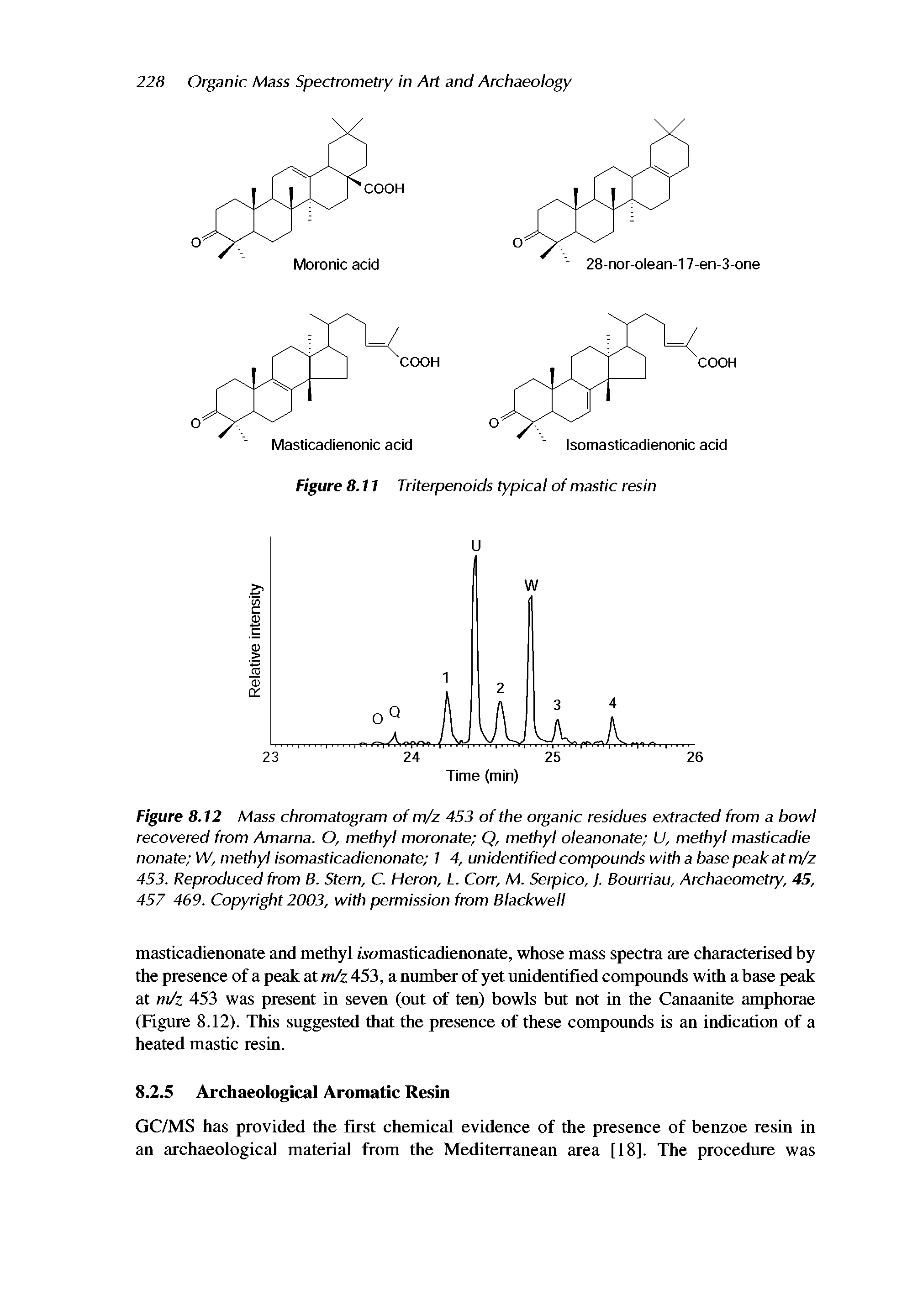 Figure 8.12 Mass chromatogram of m/z 453 of the organic residues extracted from a bowl recovered from Amarna. O, methyl moronate Q, methyl oleanonate U, methyl masticadie nonate W, methyl isomasticadienonate 1 4, unidentified compounds with a base peak at m/z 453. Reproduced from B. Stern, C. Heron, L. Corr, M. Serpico, j. Bourriau, Archaeometry, 45, 457 469. Copyright 2003, with permission from Blackwell...