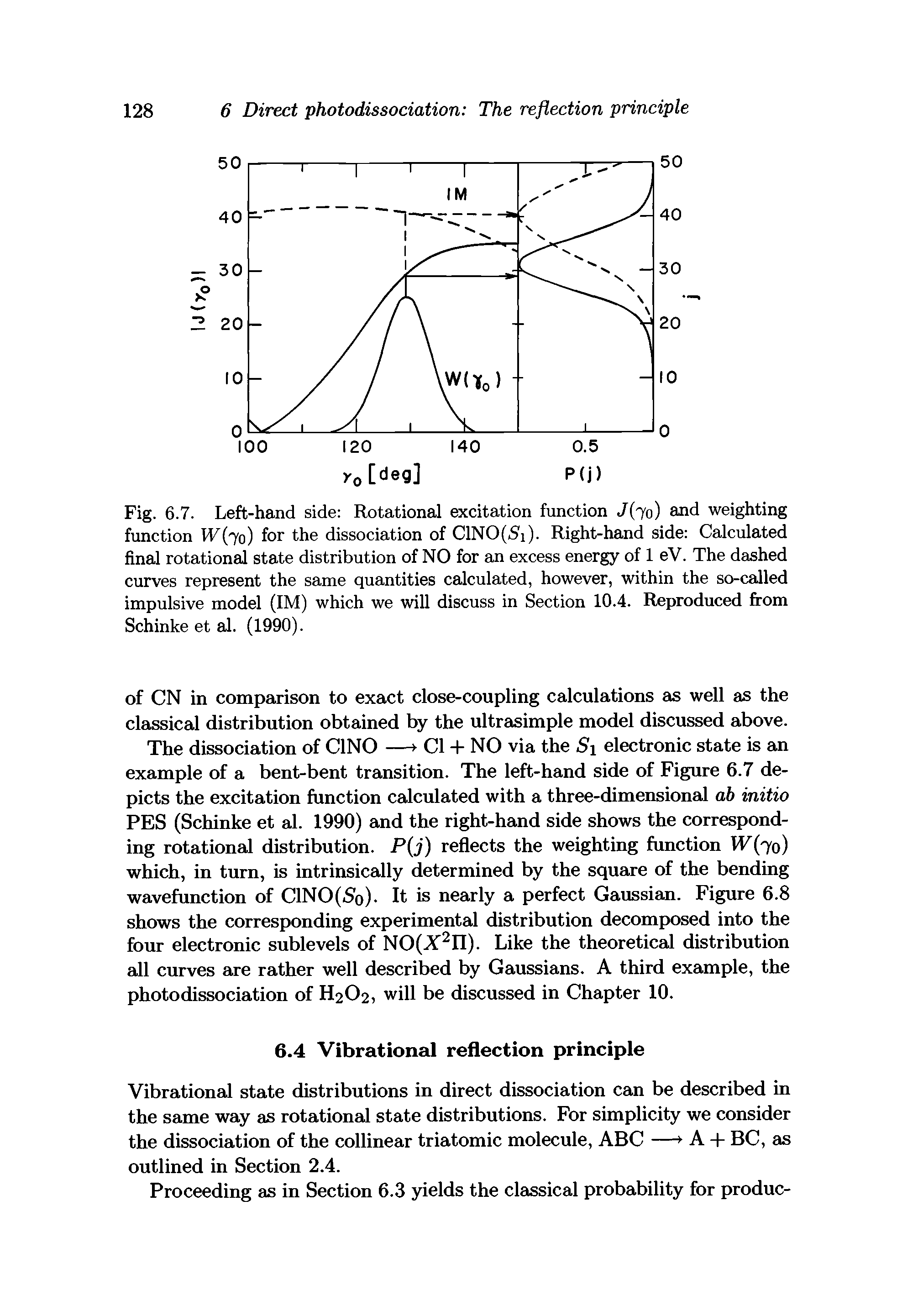 Fig. 6.7. Left-hand side Rotational excitation function J(70) and weighting function W(70) for the dissociation of ClNO(Si). Right-hand side Calculated final rotational state distribution of NO for an excess energy of 1 eV. The dashed curves represent the same quantities calculated, however, within the so-called impulsive model (IM) which we will discuss in Section 10.4. Reproduced from Schinke et al. (1990).