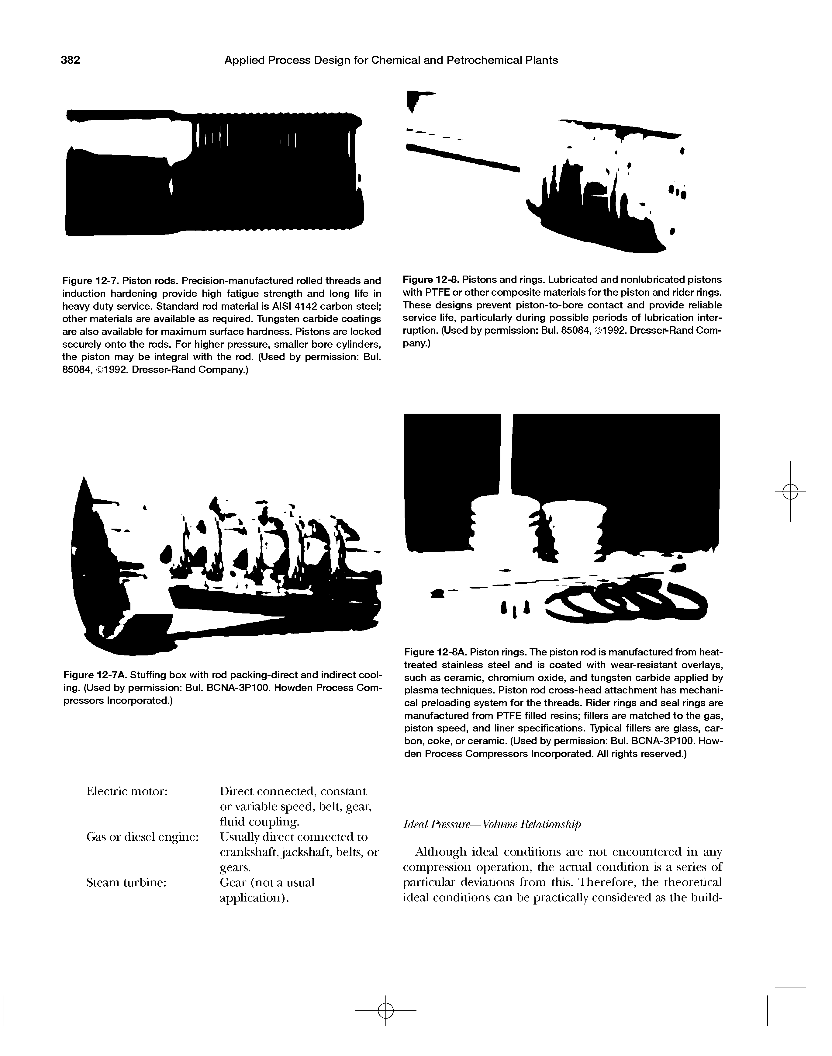 Figure 12-8A. Piston rings. The piston rod is manufactured from heat-treated stainless steel and is coated with wear-resistant overlays, such as ceramic, chromium oxide, and tungsten carbide applied by plasma techniques. Piston rod cross-head attachment has mechanical preloading system for the threads. Rider rings and seal rings are manufactured from PTFE filled resins fillers are matched to the gas, piston speed, and liner specifications. Typical fillers are glass, carbon, coke, or ceramic. (Used by permission Bui. BCNA-3P100. Howden Process Compressors Incorporated. All rights reserved.)...