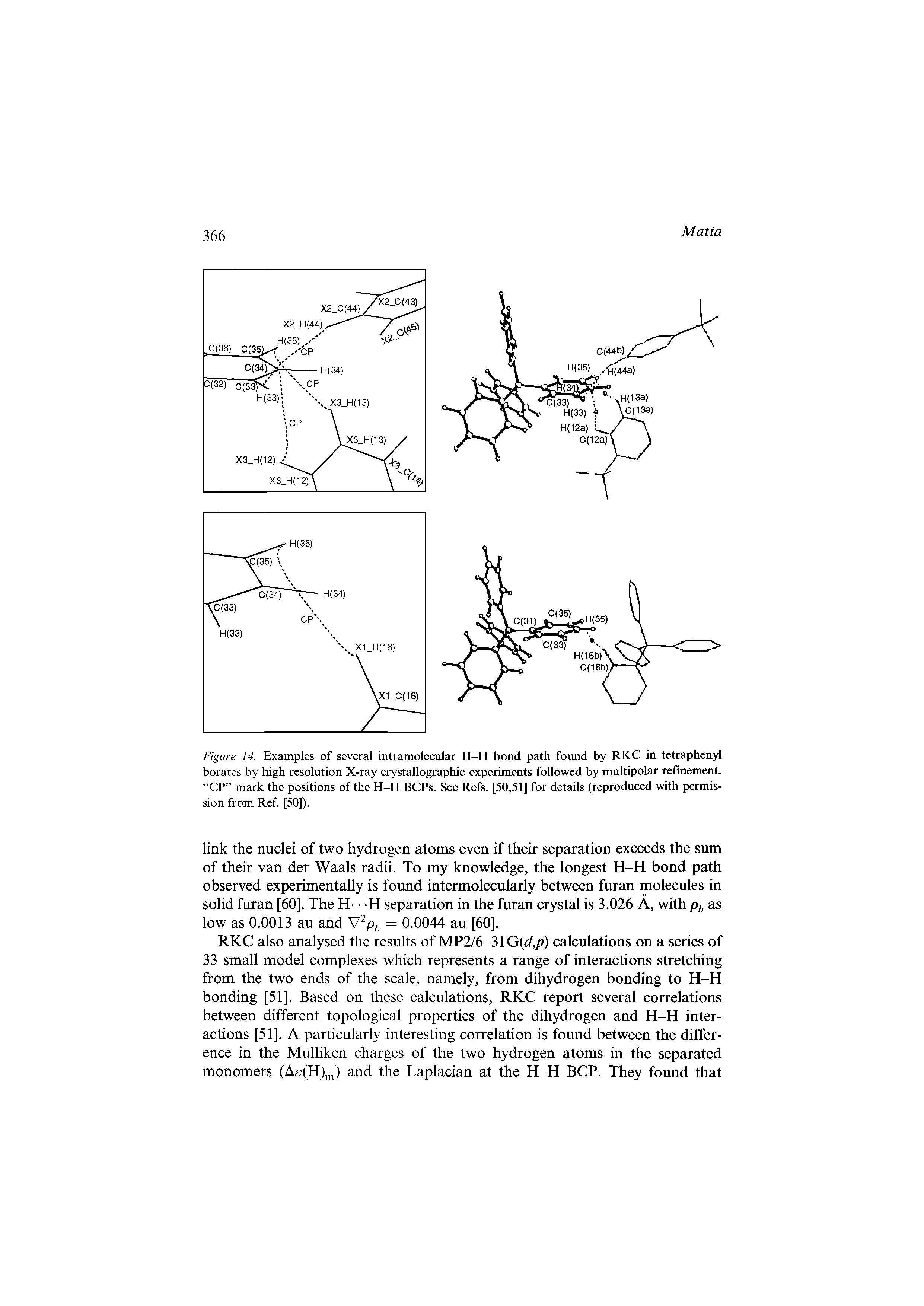 Figure 14. Examples of several intramolecular H H bond path found by RKC in tetraphenyl borates by high resolution X-ray crystallographic experiments followed by multipolar refinement. CP mark the positions of the H H BCPs. See Refs. [50,51] for details (reproduced with permission from Ref [50]).