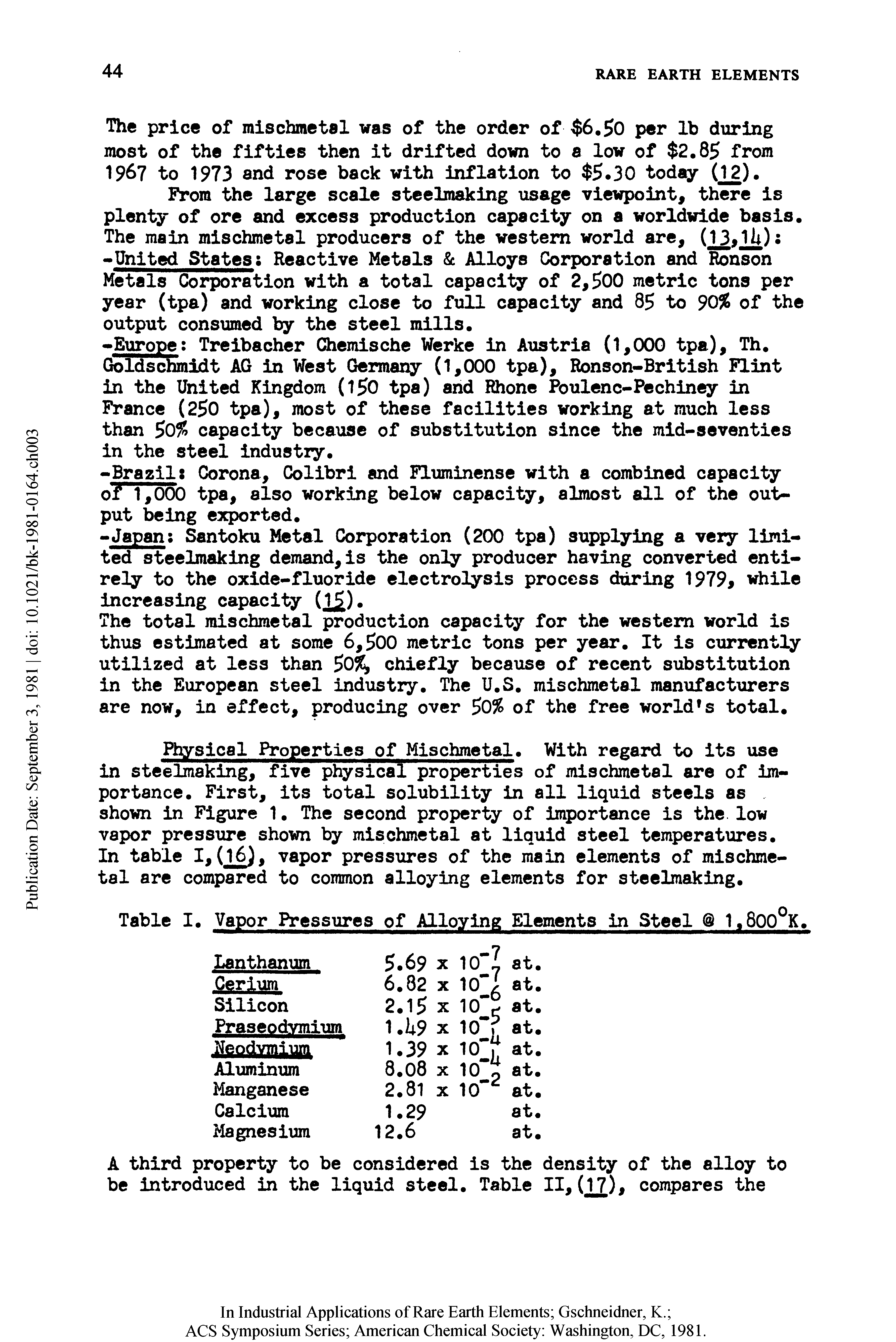 Table I. Vapor Pressures of Alloying Elements in Steel I.8OO a.